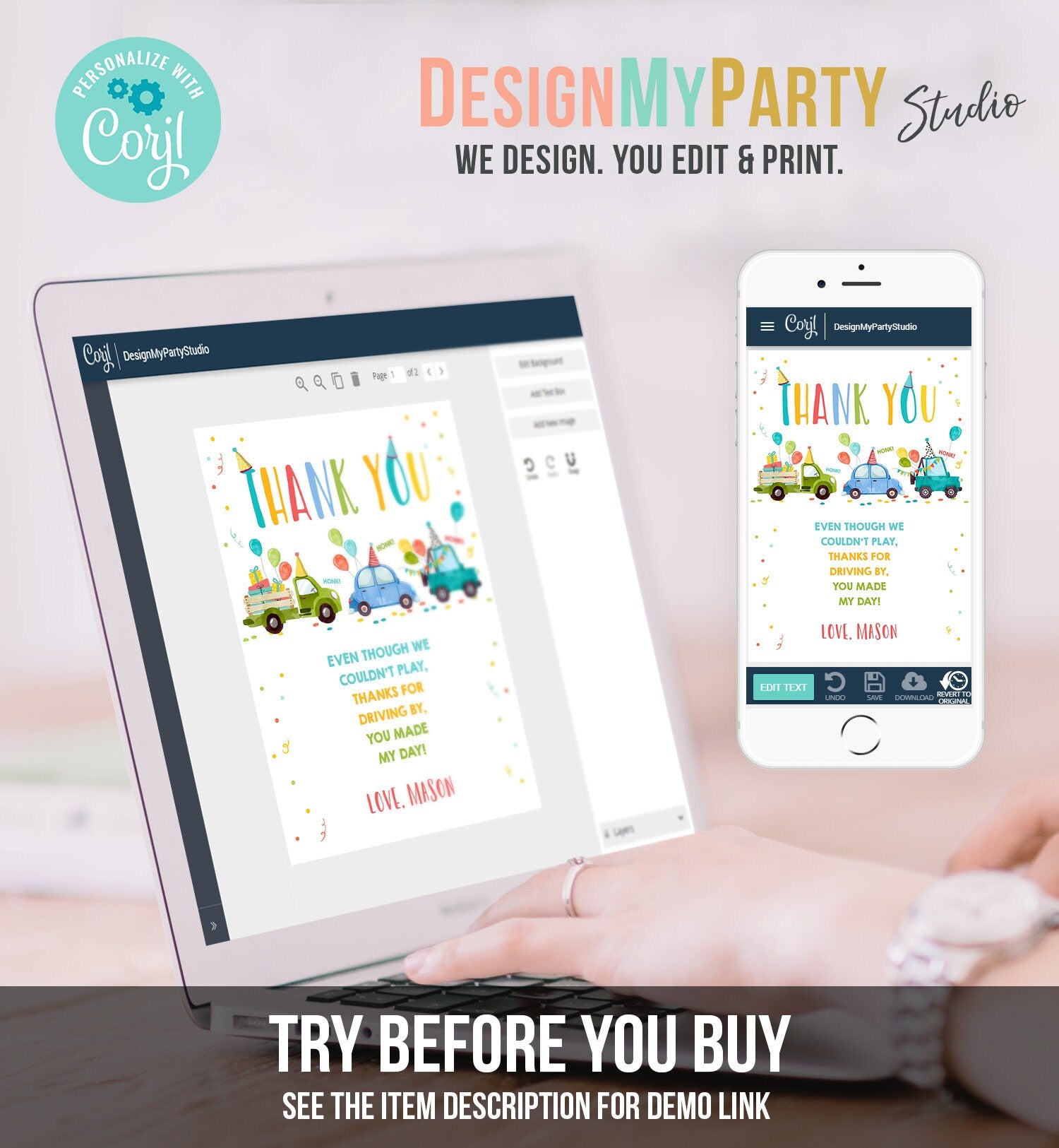 Editable Drive By Birthday Parade Thank You Card Virtual Party Invite Honk Wave Car Boy Blue Quarantine Instant Download Digital Corjl 0333