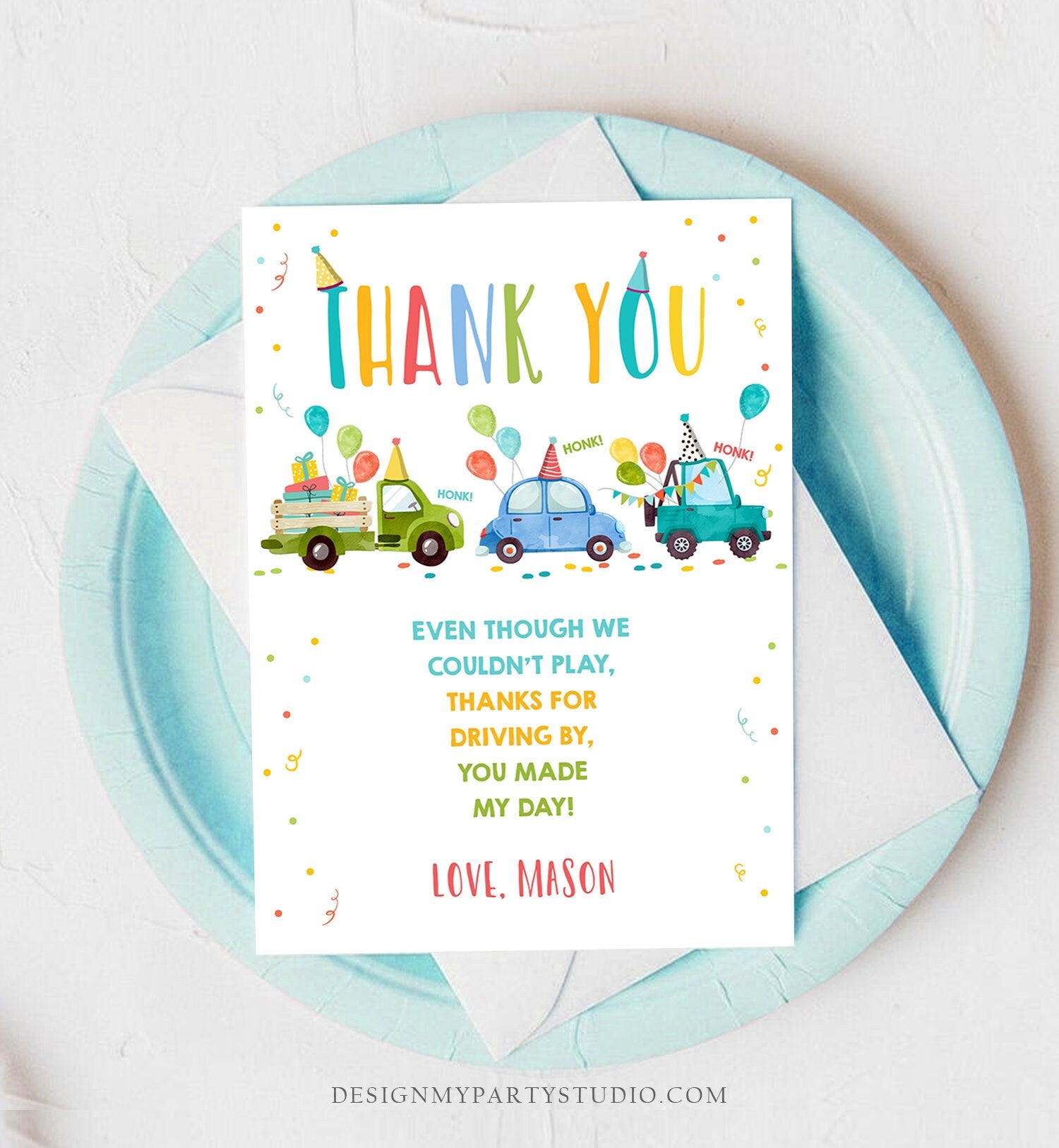 Editable Drive By Birthday Parade Thank You Card Virtual Party Invite Honk Wave Car Boy Blue Quarantine Instant Download Digital Corjl 0333