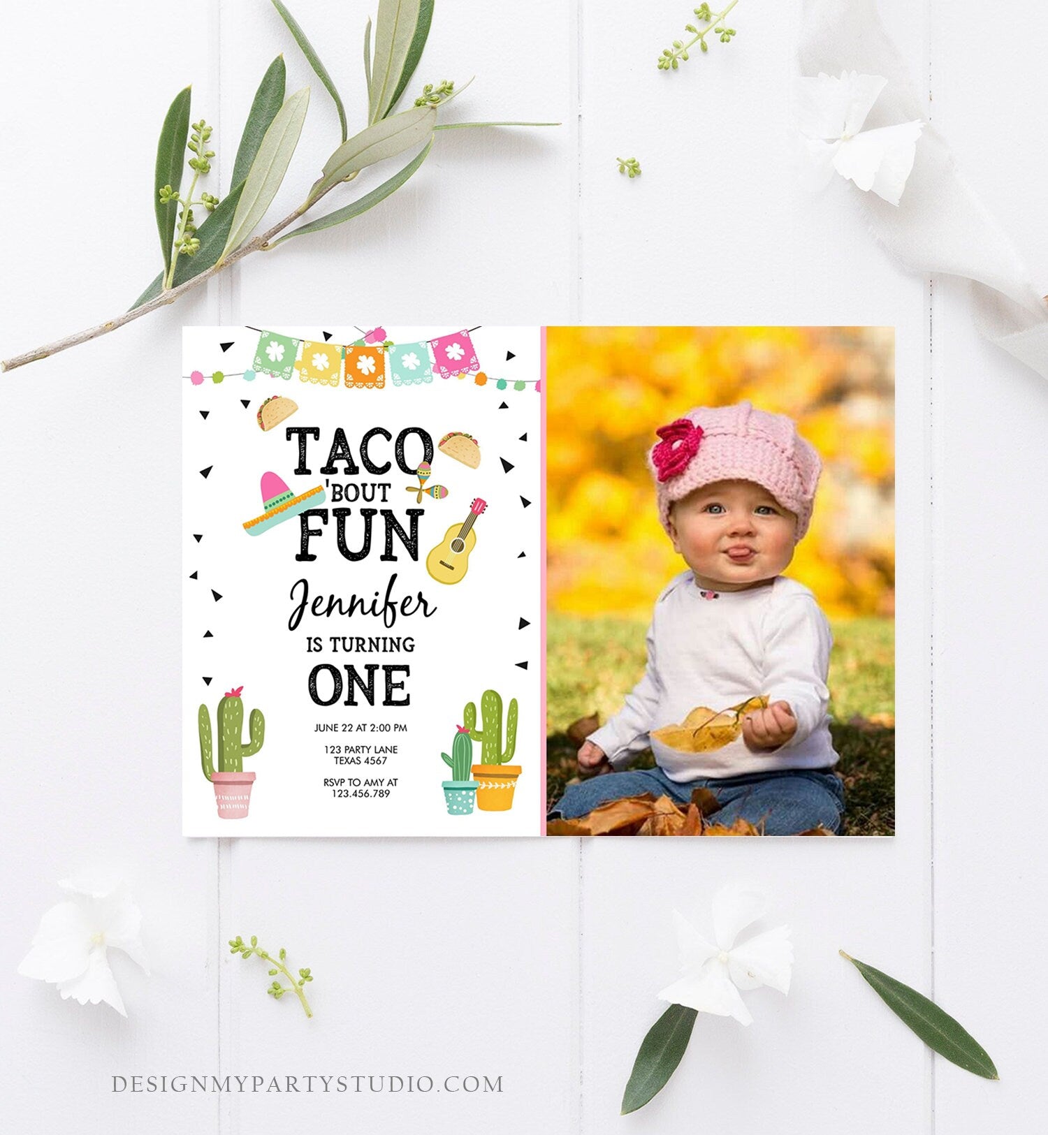 Editable Taco Bout Fun Birthday Invitation Girl First Fiesta Birthday Cactus Sombrero Pink Instant Download Printable Template Corjl 0161