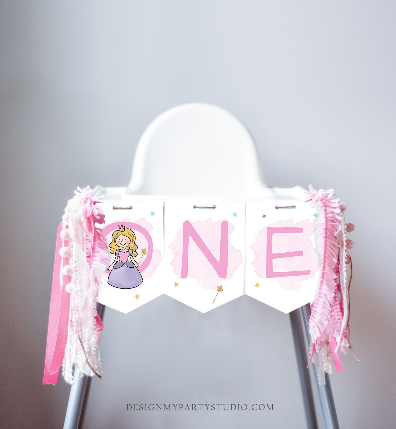 Princess High Chair Banner 1st Birthday Royal Girl First Birthday Princess and Knights Fairytale ONE Party Decor PRINTABLE Digital 0385