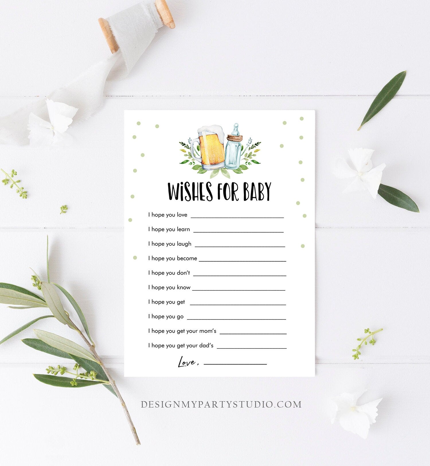 Editable Whishes for the Baby Game Baby Shower Greenery Baby is Brewing Shower Activity Neutral Beer Bottle Corjl Template Printable 0190
