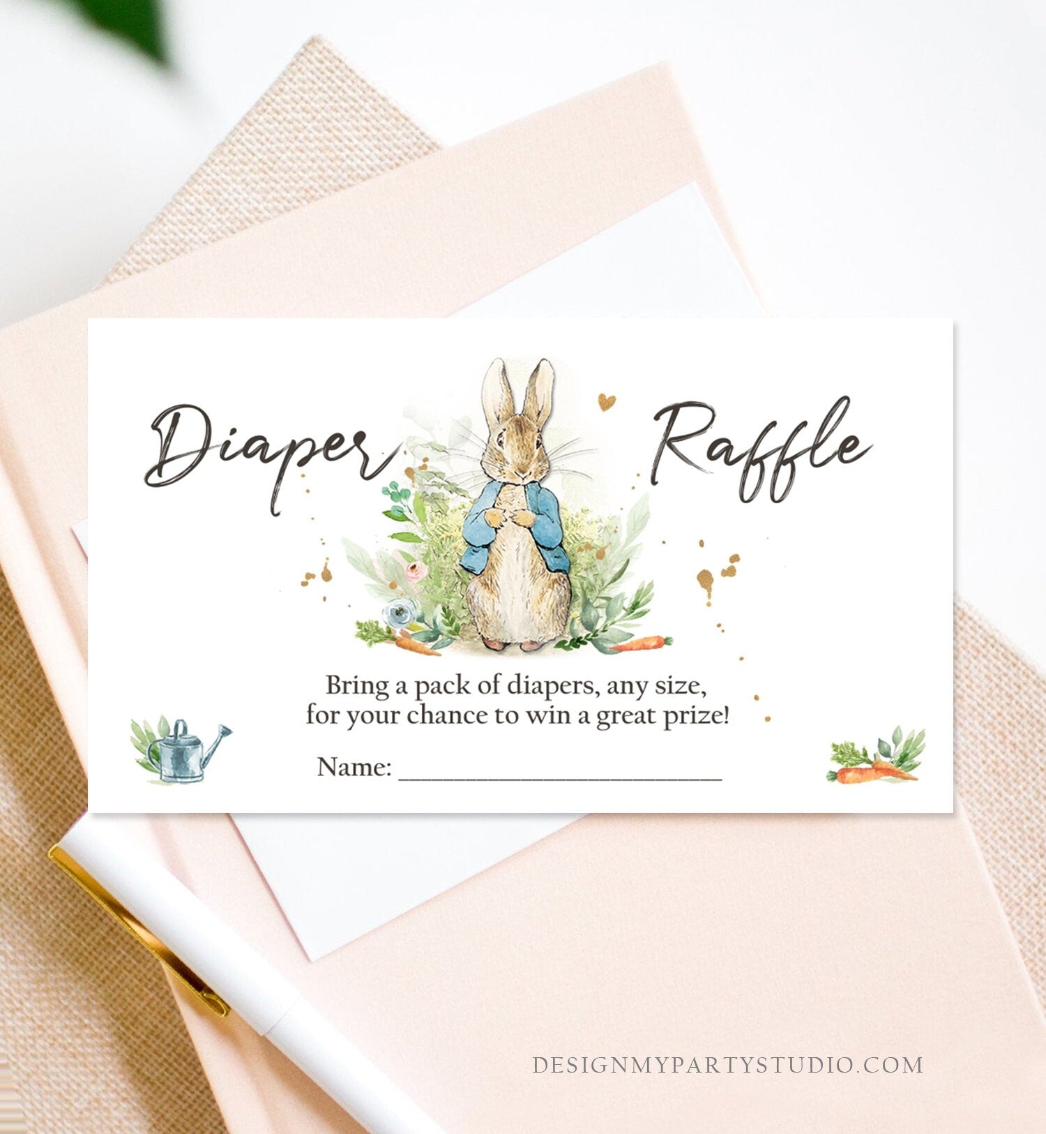 Editable Diaper Raffle Ticket Peter Rabbit Diaper Game Card Peter Rabbit Baby shower insert Bunny Boy Download Template Corjl PRINTABLE 0351