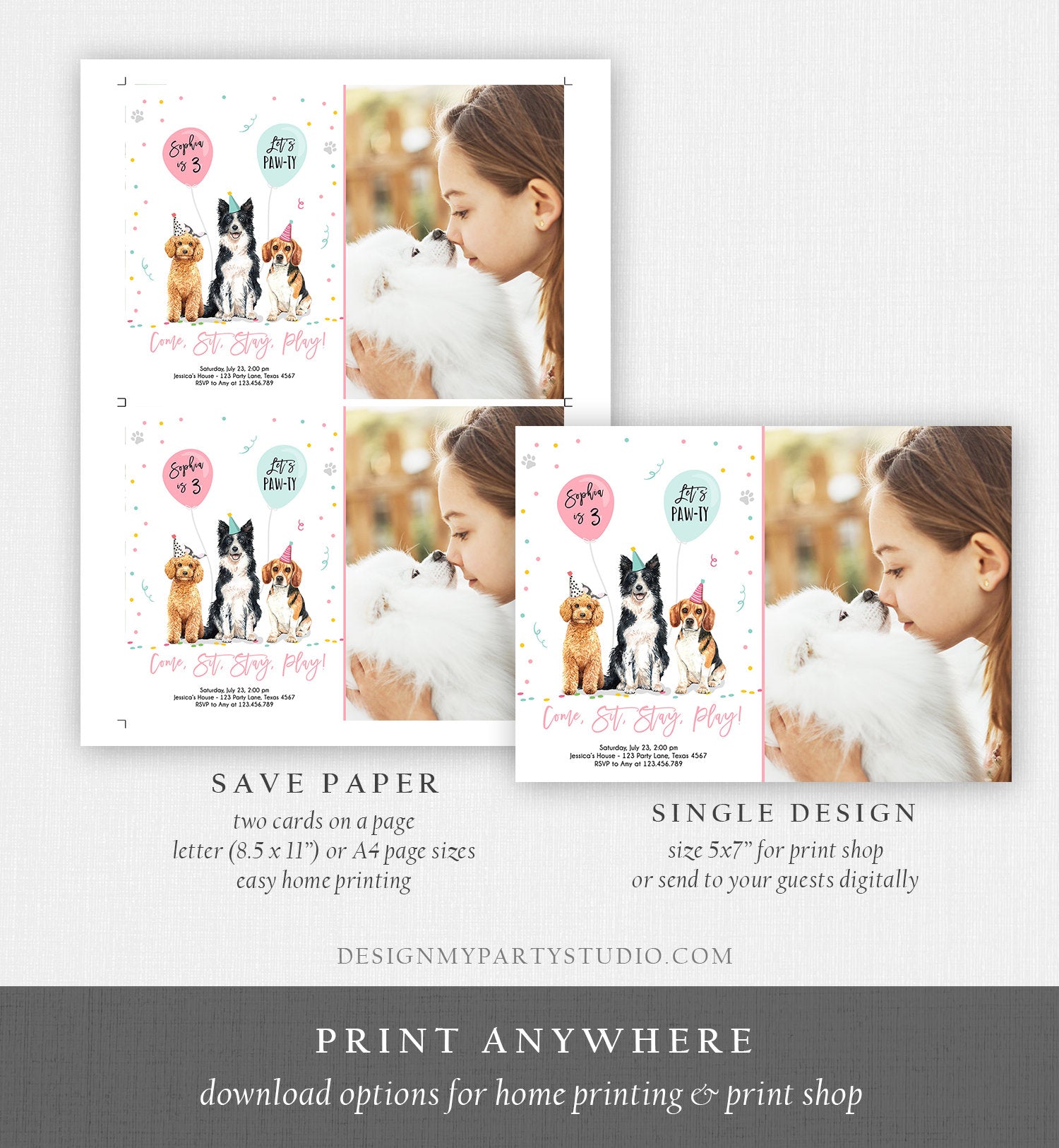 Editable Dog Birthday Party Invitation Puppy Birthday Invite Pink Girl Doggy Shelter Animal Pet Vet Download Printable Template Corjl 0384