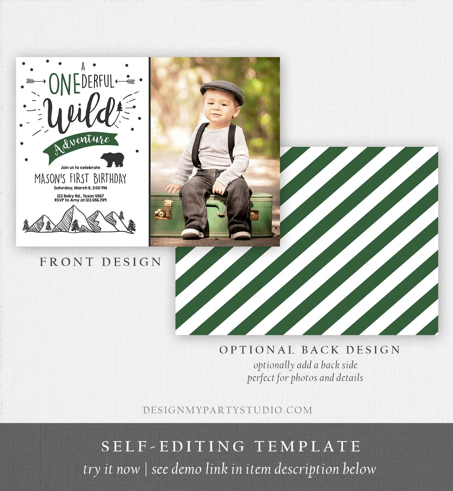 Editable A Onederful Wild Adventure First Birthday Invitation Photo Wild Things Boy Mountains Bear Outdoor Hunter Green Corjl Template 0083
