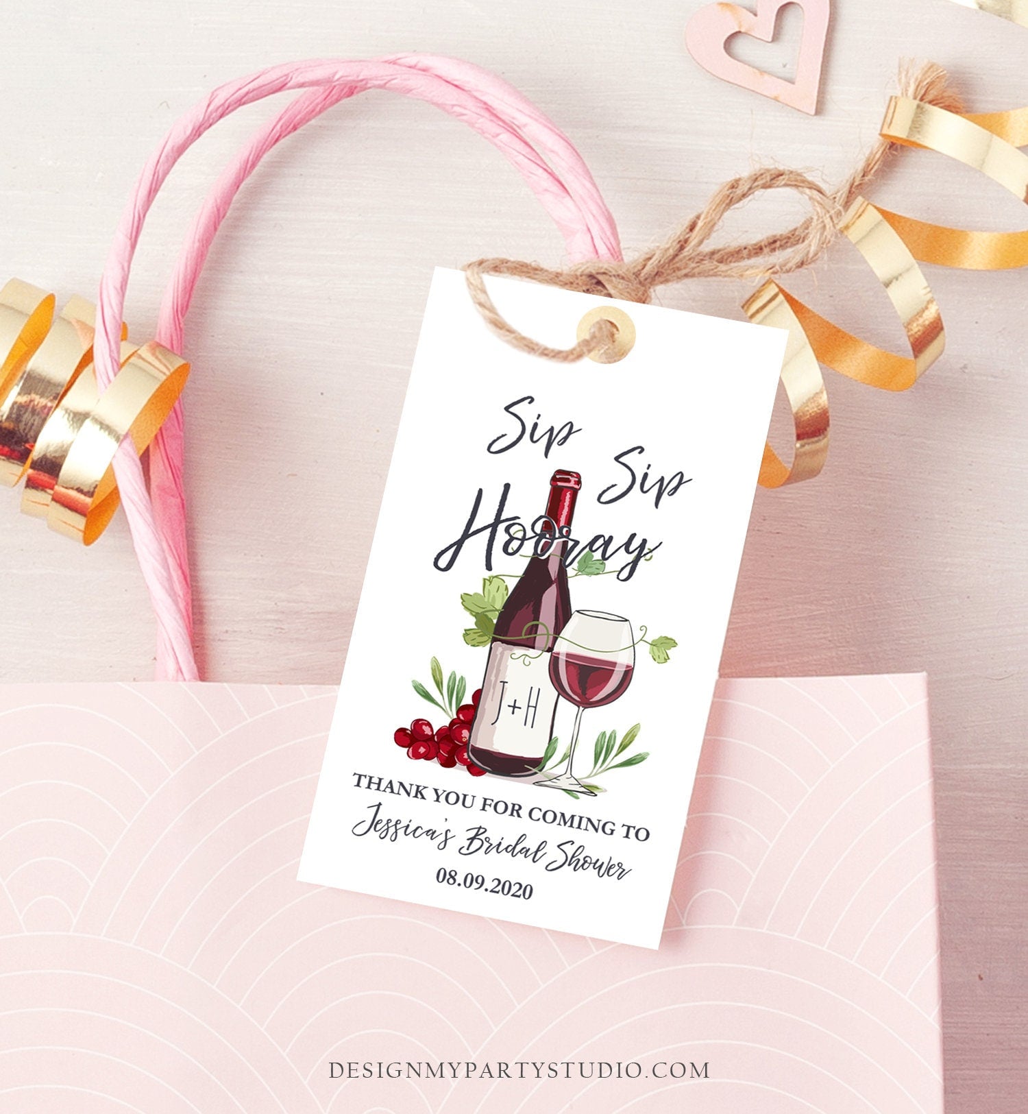 Editable Sip Sip Hooray Bridal Shower Favor Tags Thank You Tags Mini Wine Bottle Favor Wedding Wine Bridal Shower Rustic Corjl Template 0234