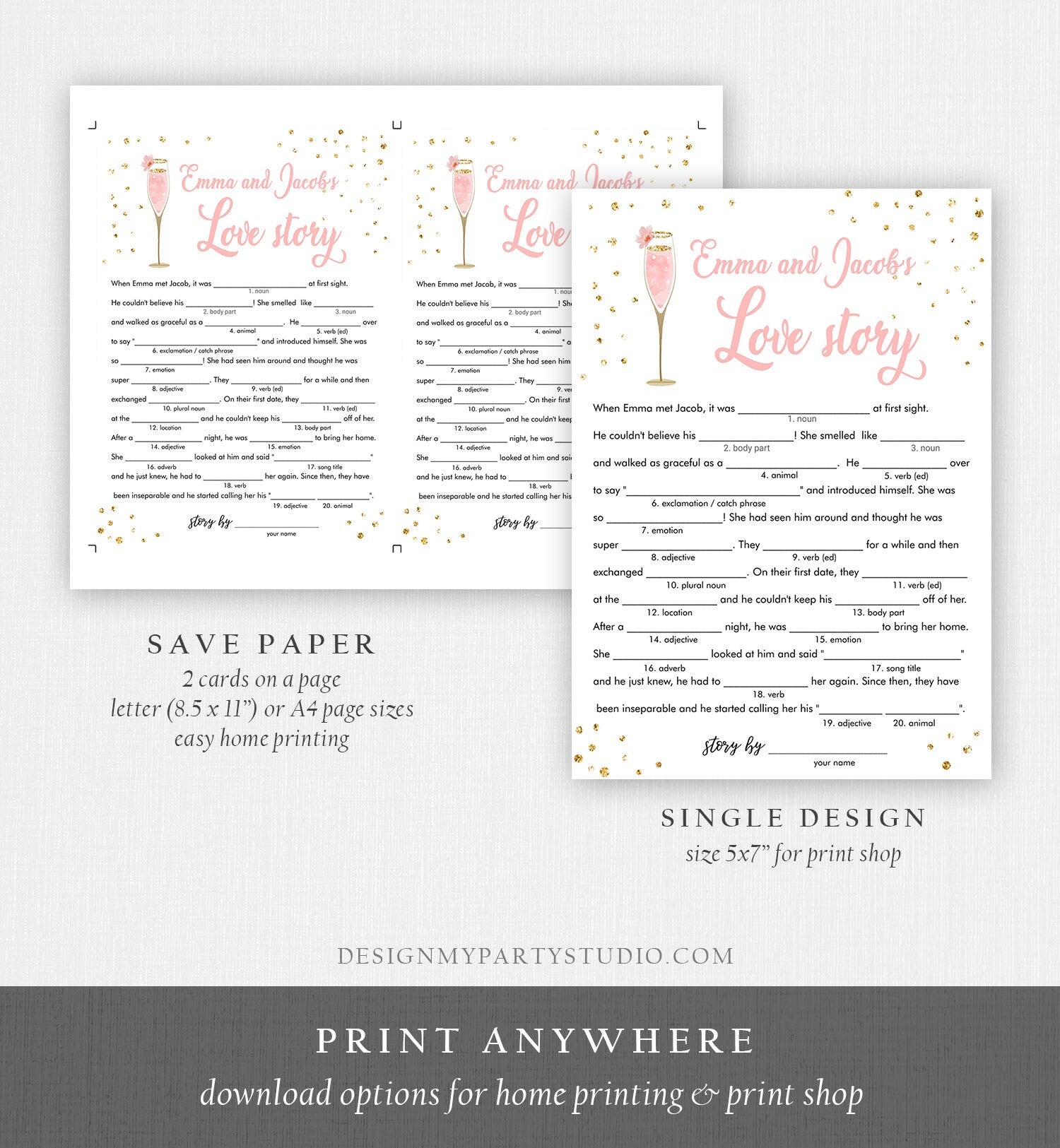 Editable Love Story Bride Bridal Shower Game Brunch and Bubbly Mad Libs Bride Groom Wedding Activity Gold Corjl Template Printable 0150
