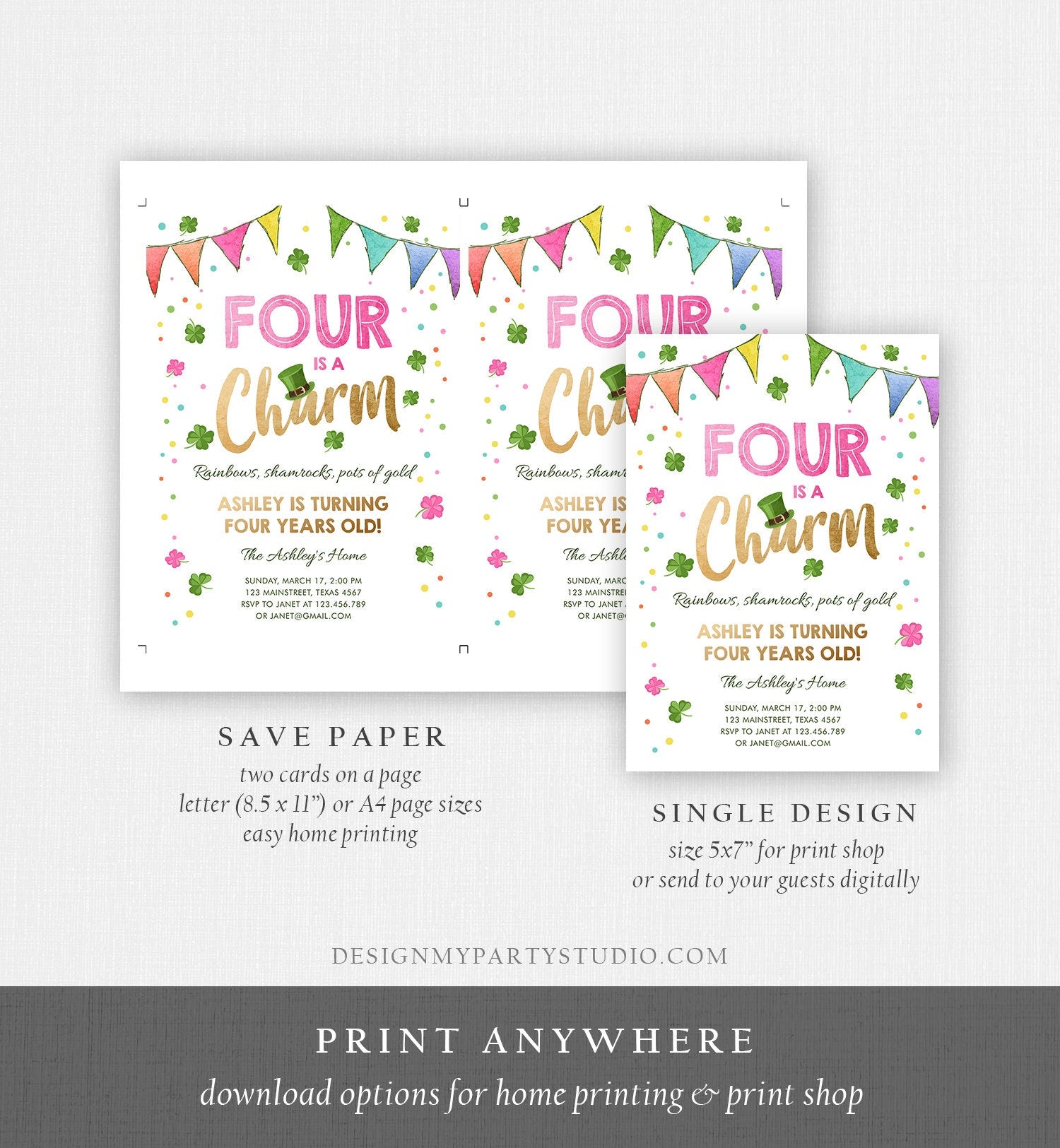 Editable St. Patrick's Day Birthday Invitation Shamrock Clover St Patricks Day Fourth Birthday 4th Girl Printable Invite Template Corjl 0115