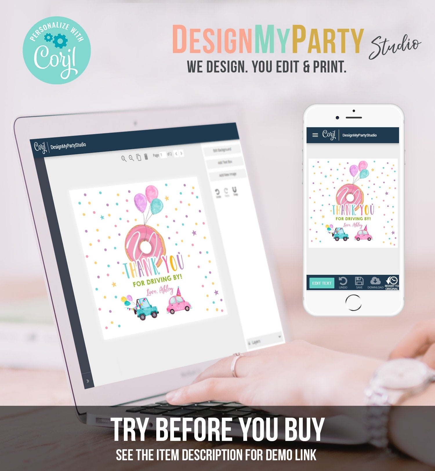 Editable Donut Drive By Favor Tag Drive By Birthday Parade Thank You Gift Tags Donut Sweet One Party Girl Round Sticker Corjl Template 0343