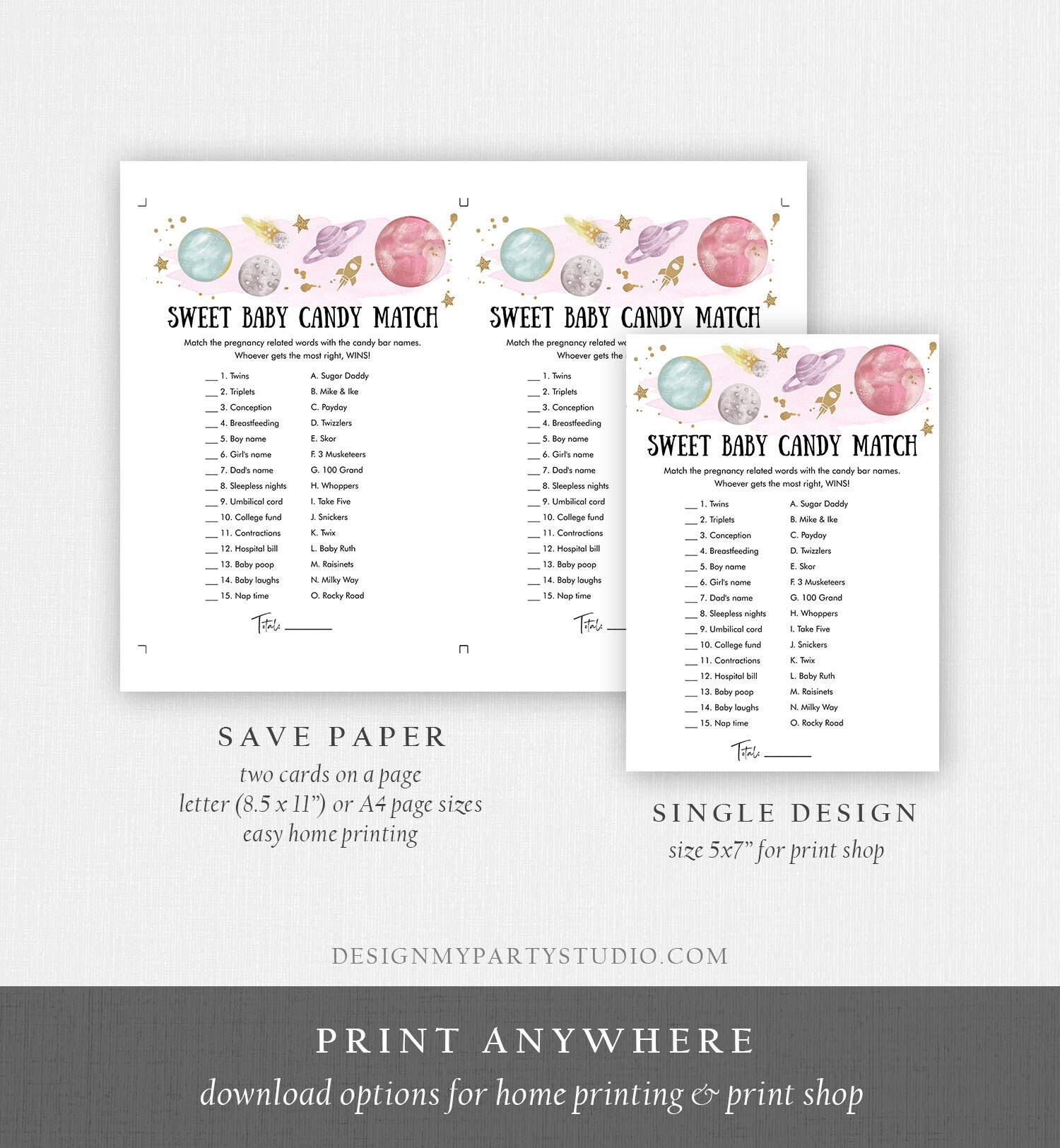 Editable Candy Match Baby Shower Game Outer Space Planets Houston We Have a Girl Rocket Gold Neutral Activity Corjl Template Printable 0357