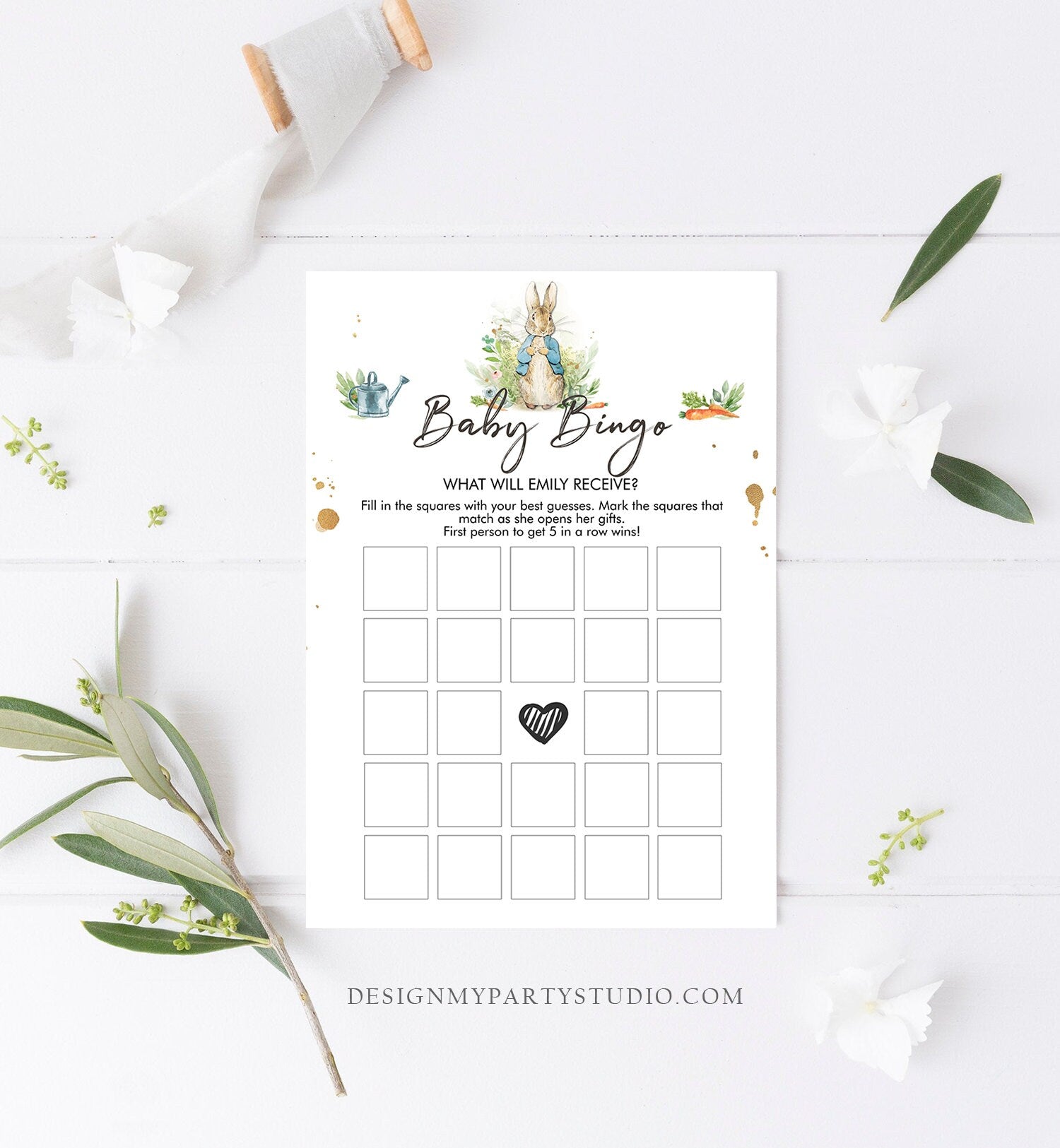 Editable Baby Bingo Baby Shower Game Greenery Peter Rabbit Baby Shower Bunny Spring Boy Floral Watercolor Corjl Template Printable 0351