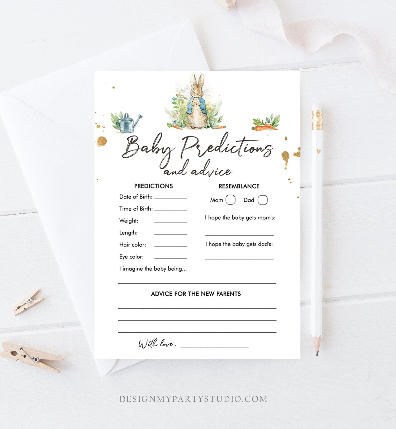 Editable Baby Predictions Baby Shower Game Advice for Parents Peter Rabbit Game Shower Activity Bunny Shower Corjl Template Printable 0351
