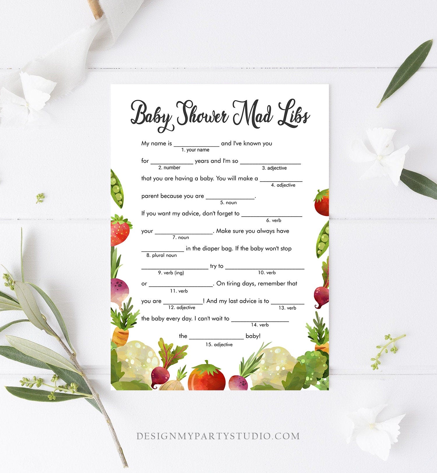 Editable Mad Libs Baby Shower Game Locally Grown Farmers Market Advice Mom to Be Fruit Vegetable Farm Barn Corjl Template Printable 0144
