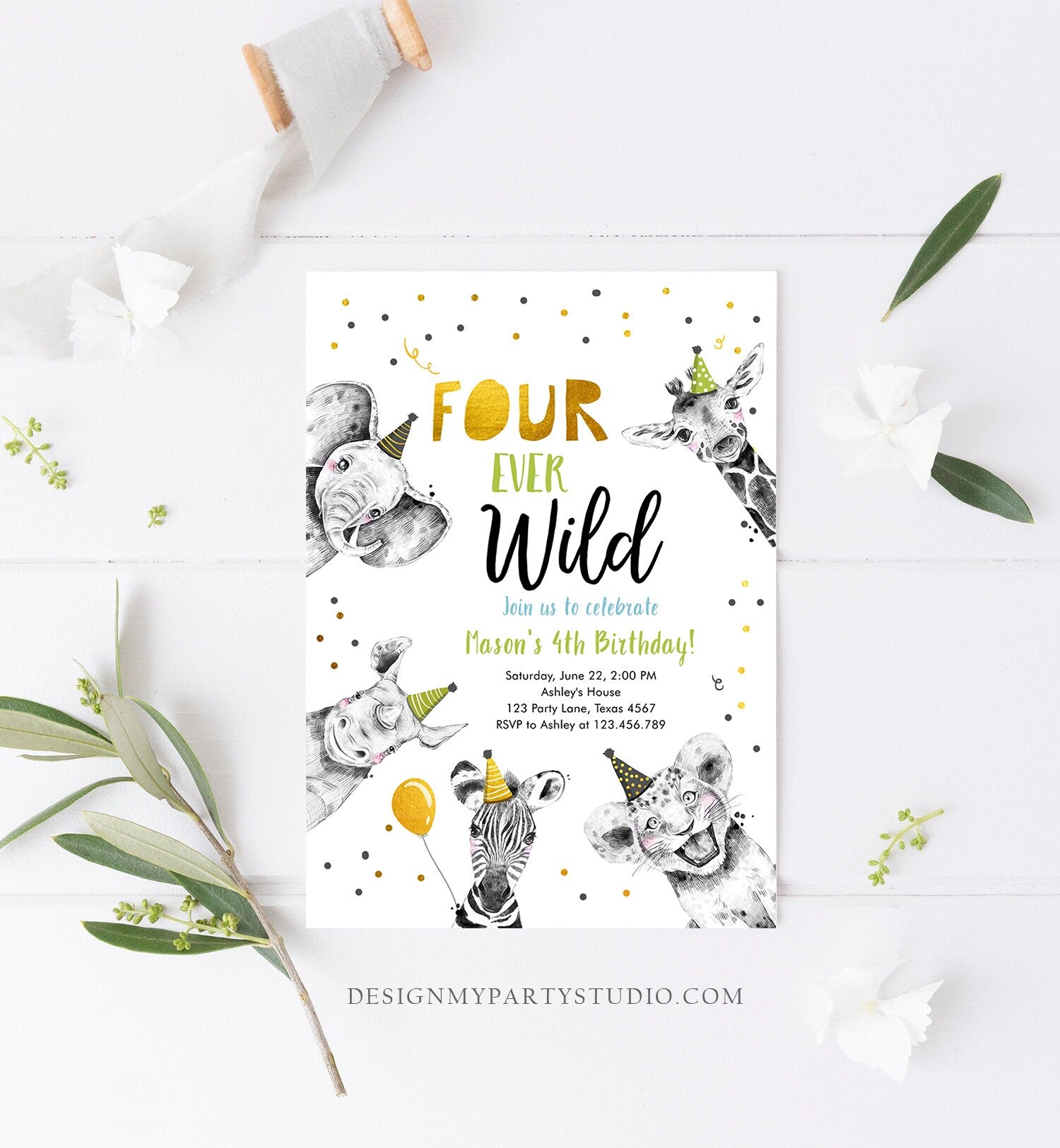 Editable Four Ever Wild Birthday Invitation Boy Green Gold Safari Party Animals Fourth Birthday 4th Printable Template Digital Corjl 0390