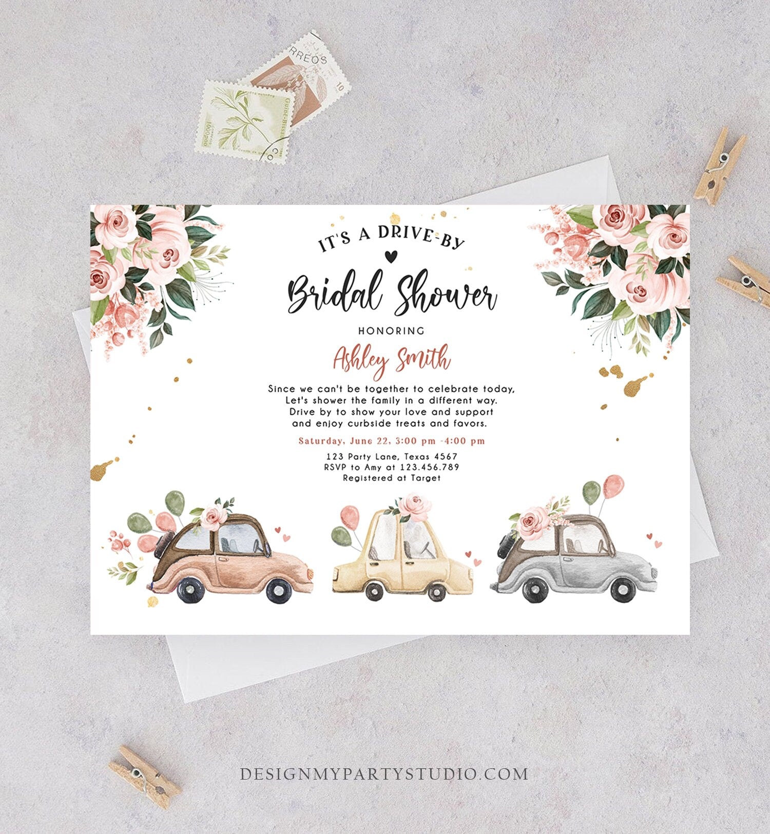 Editable Drive By Bridal Shower Invitation Couples Shower Invite Quarantine Drive Through Neutral Floral Wedding Digital Corjl Template 0335