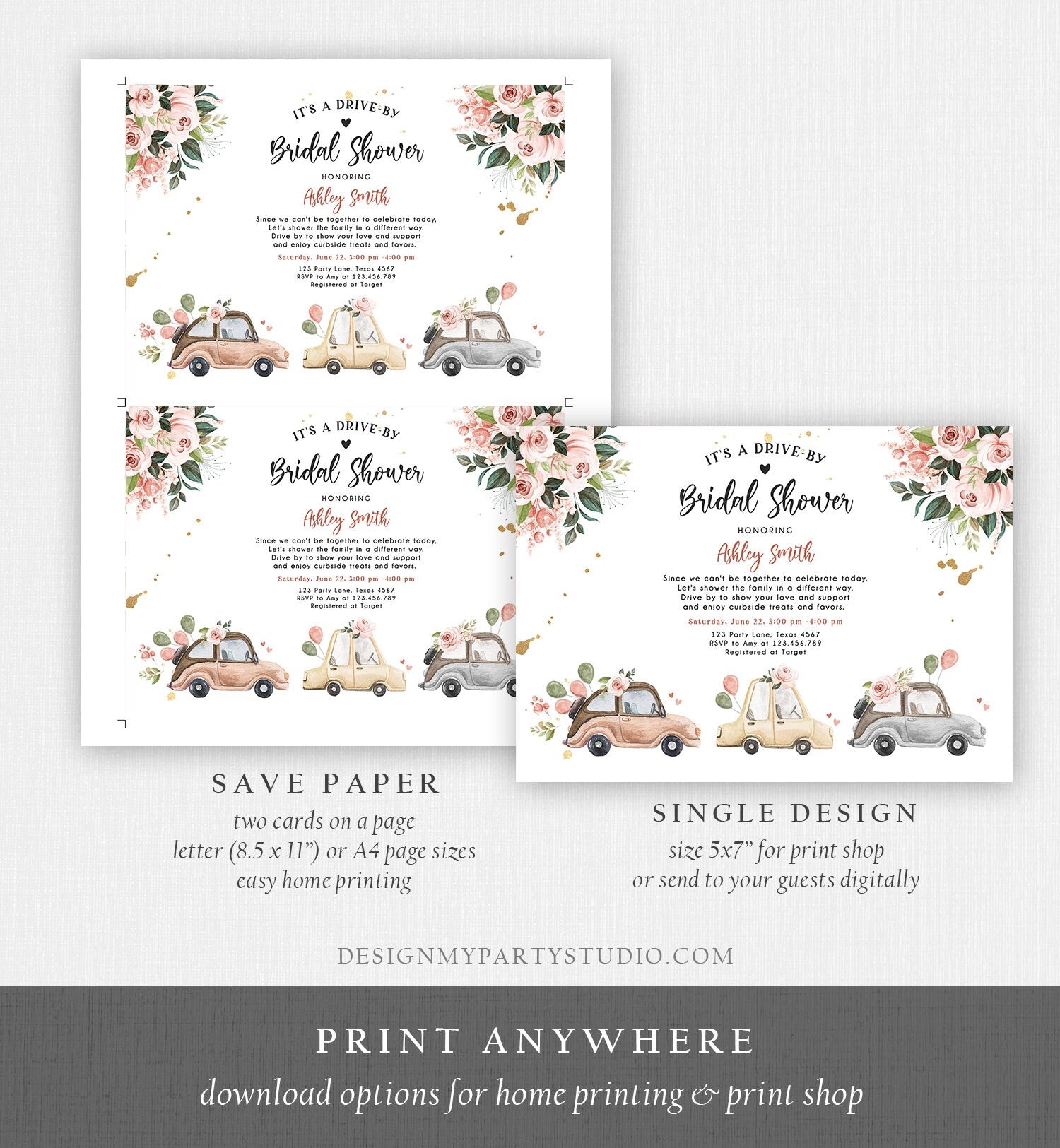 Editable Drive By Bridal Shower Invitation Couples Shower Invite Quarantine Drive Through Neutral Floral Wedding Digital Corjl Template 0335