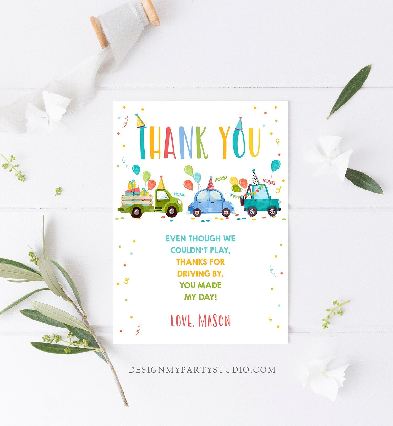 Editable Drive By Birthday Parade Thank You Card Virtual Party Invite Honk Wave Car Boy Blue Quarantine Instant Download Digital Corjl 0333