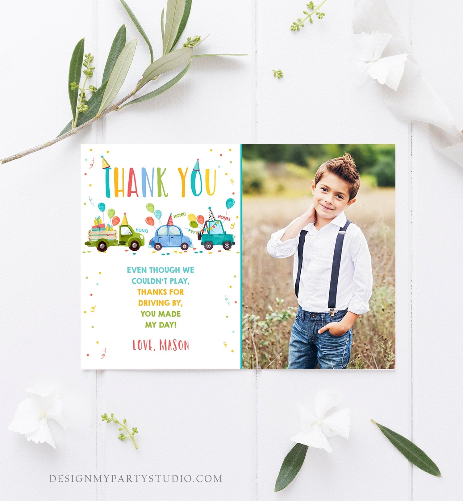 Editable Drive By Birthday Parade Thank You Card Virtual Party Invite Honk Wave Car Boy Blue Quarantine Instant Download Digital Corjl 0333