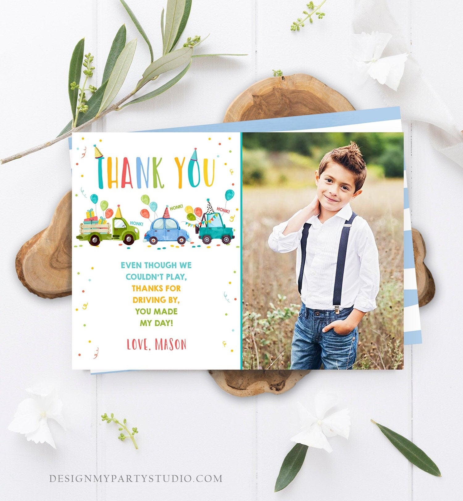 Editable Drive By Birthday Parade Thank You Card Virtual Party Invite Honk Wave Car Boy Blue Quarantine Instant Download Digital Corjl 0333