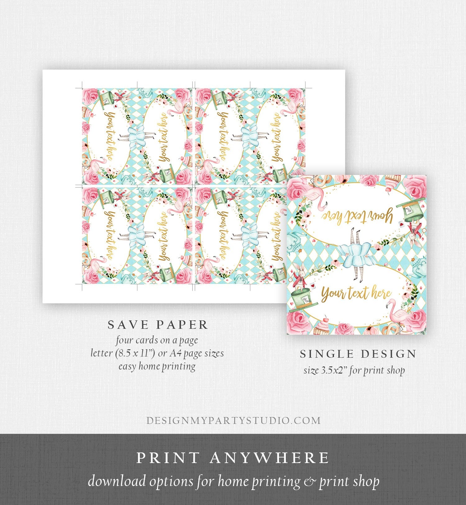 Editable Alice in Wonderland Food Labels Alice Place Card Tent Card Escort Card Girl Blue Tea Party Onederland Printable Corjl Template 0350