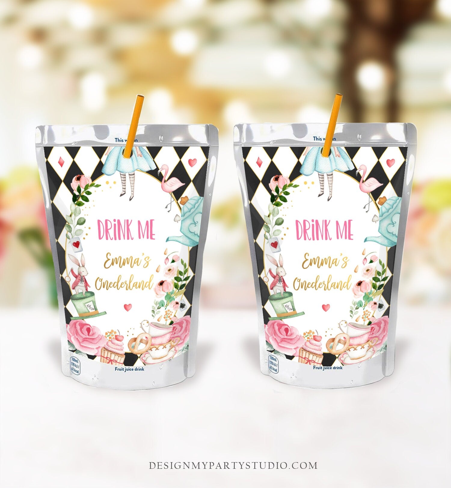 Editable Alice in Onederland Capri Sun Labels Juice Pouch Labels Alice in Wonderland Girl Birthday Download Corjl Template Printable 0350