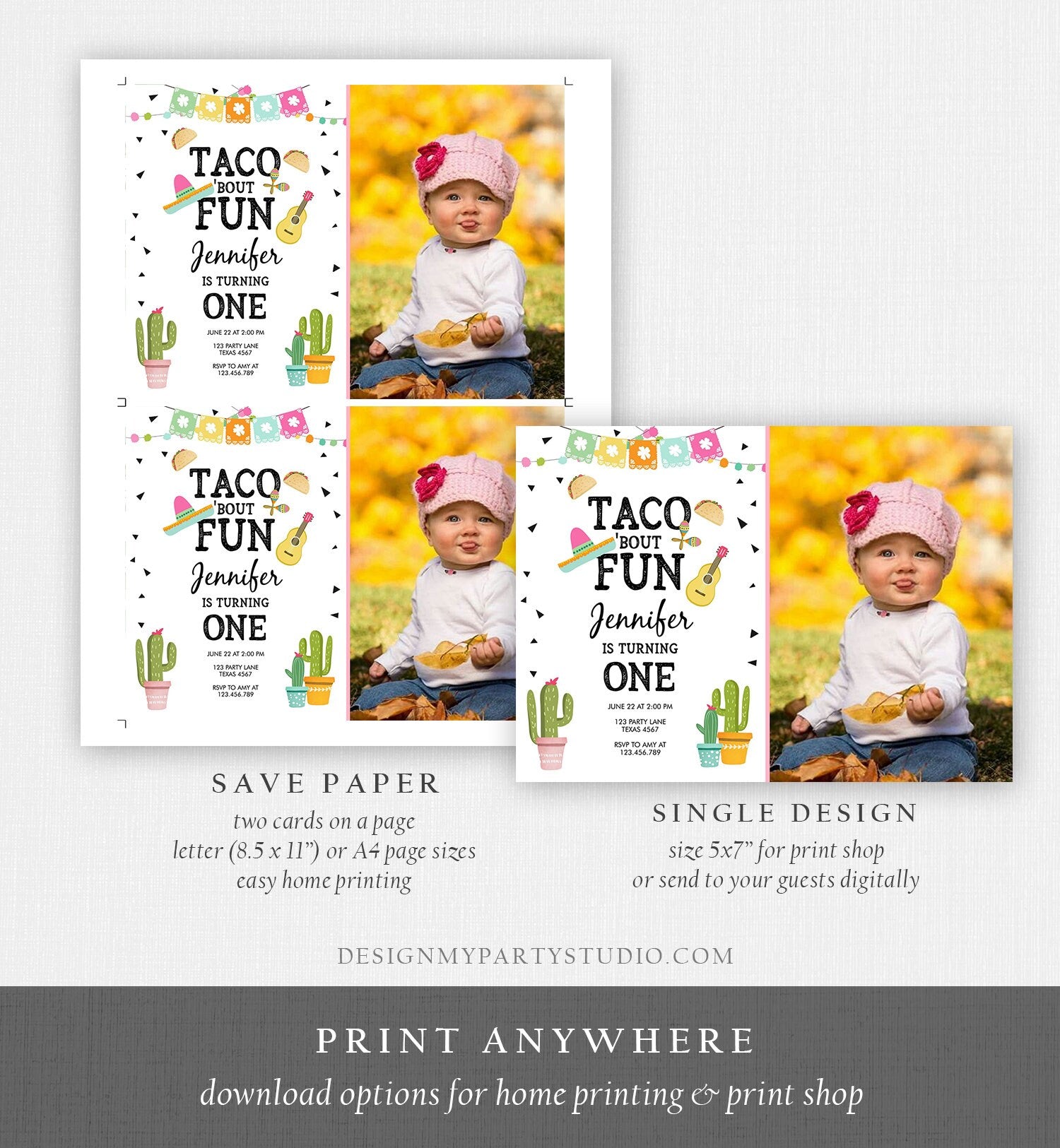 Editable Taco Bout Fun Birthday Invitation Girl First Fiesta Birthday Cactus Sombrero Pink Instant Download Printable Template Corjl 0161