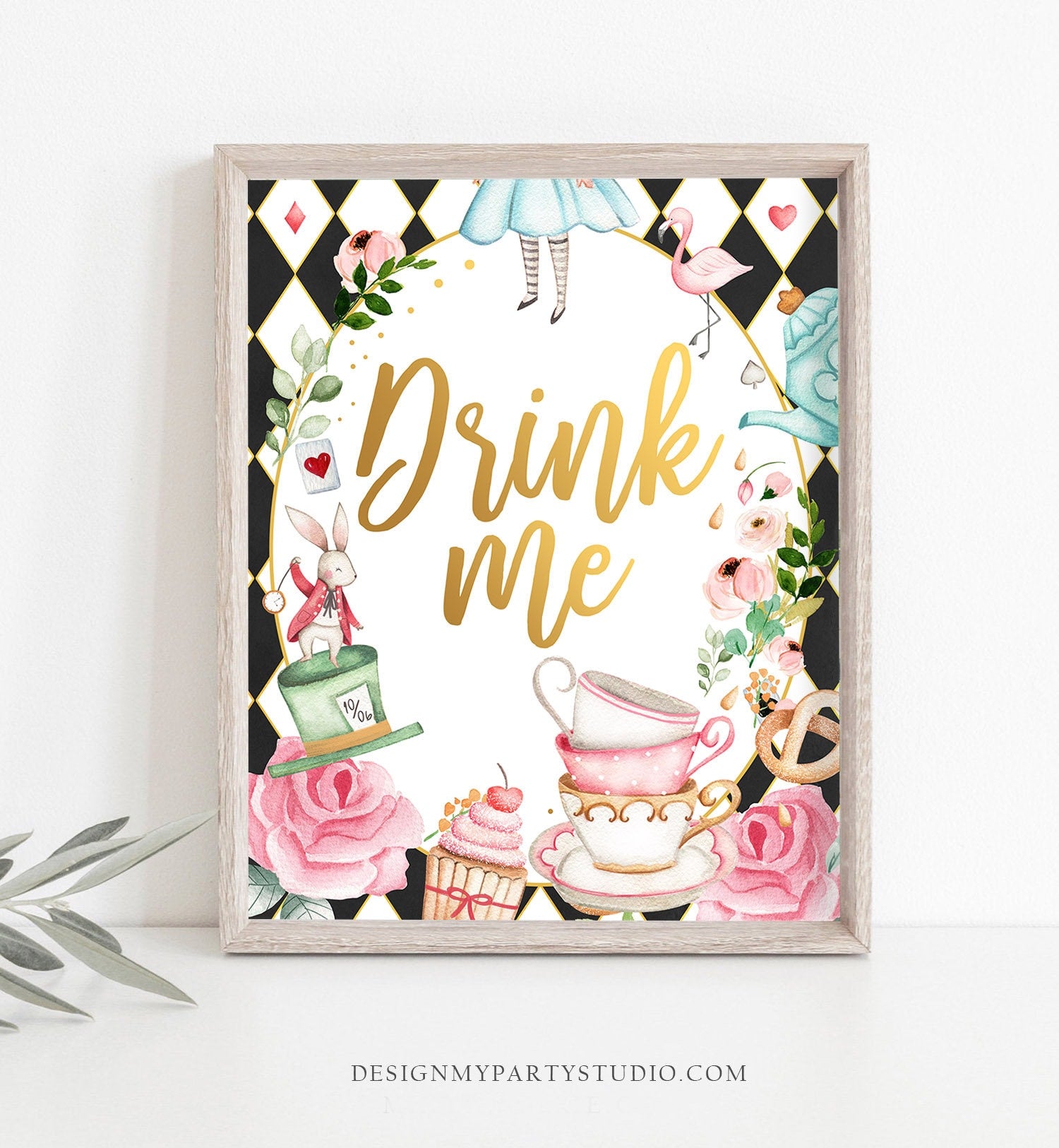 Alice in Wonderland Party Signs Girl 1st Birthday Decor Alice in Onederland Mad Tea Party Favors Decorations Girl Black Pink PRINTABLE 0350