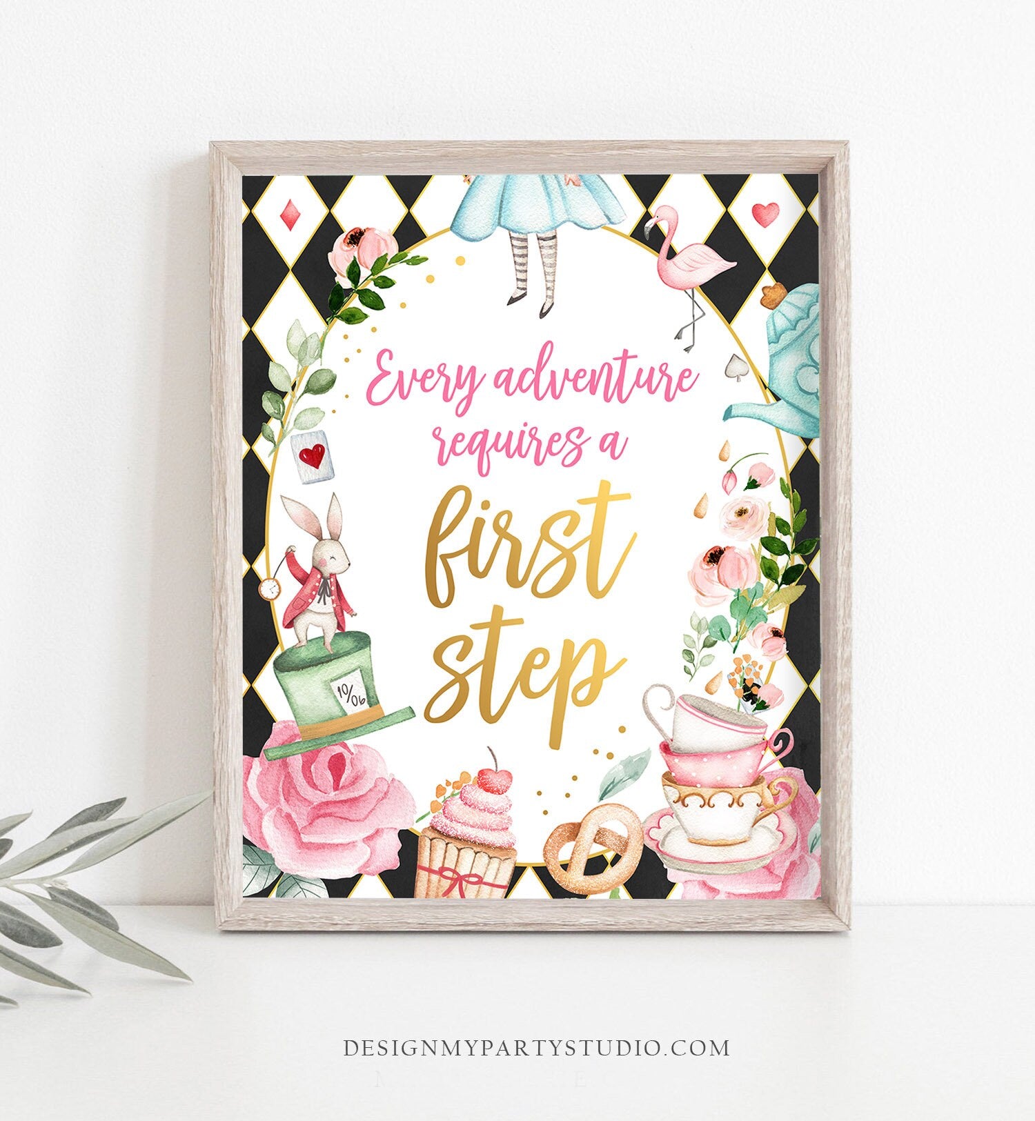 Alice in Wonderland Party Signs Girl 1st Birthday Decor Alice in Onederland Mad Tea Party Favors Decorations Girl Black Pink PRINTABLE 0350