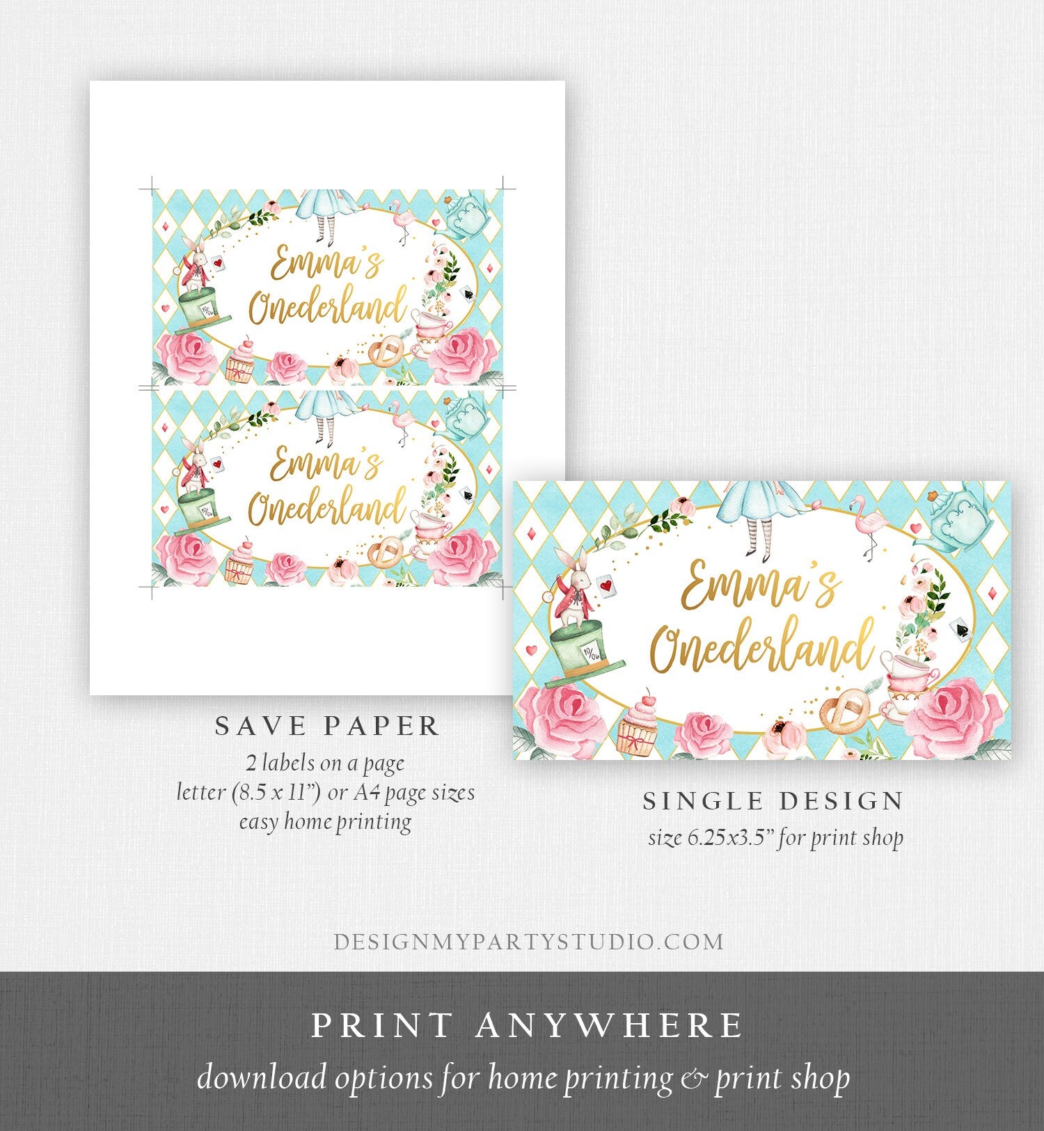 Editable Alice in Wonderland Gable Gift Box Label Alice In Onederland Birthday Girl Treat Box Label Tea Party Download Printable Corjl 0350