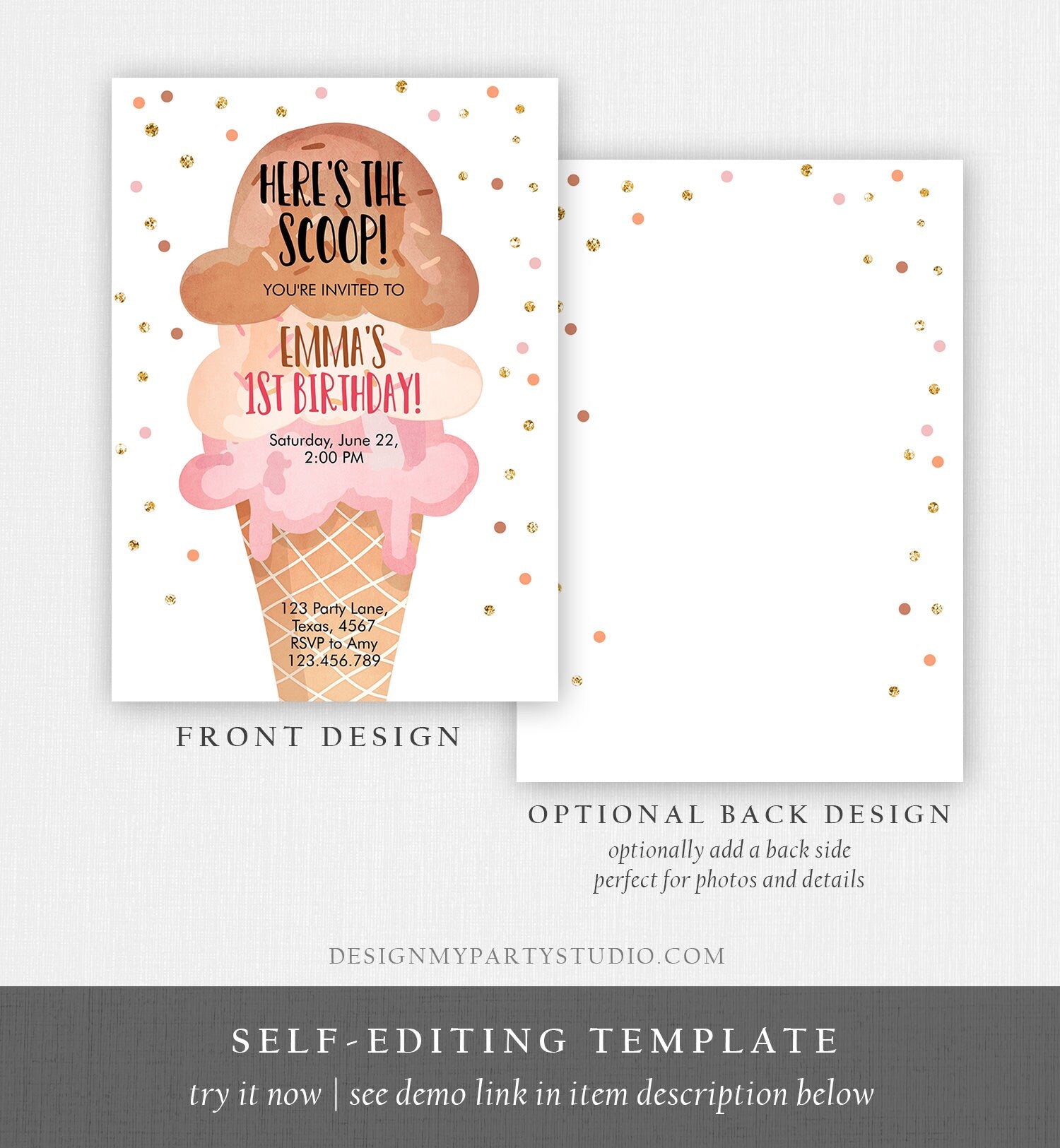 Editable Ice Cream Birthday Invitation First Birthday Party Here's the Scoop Cone Pink Boho Gold Coral Printable Template Corjl 0243