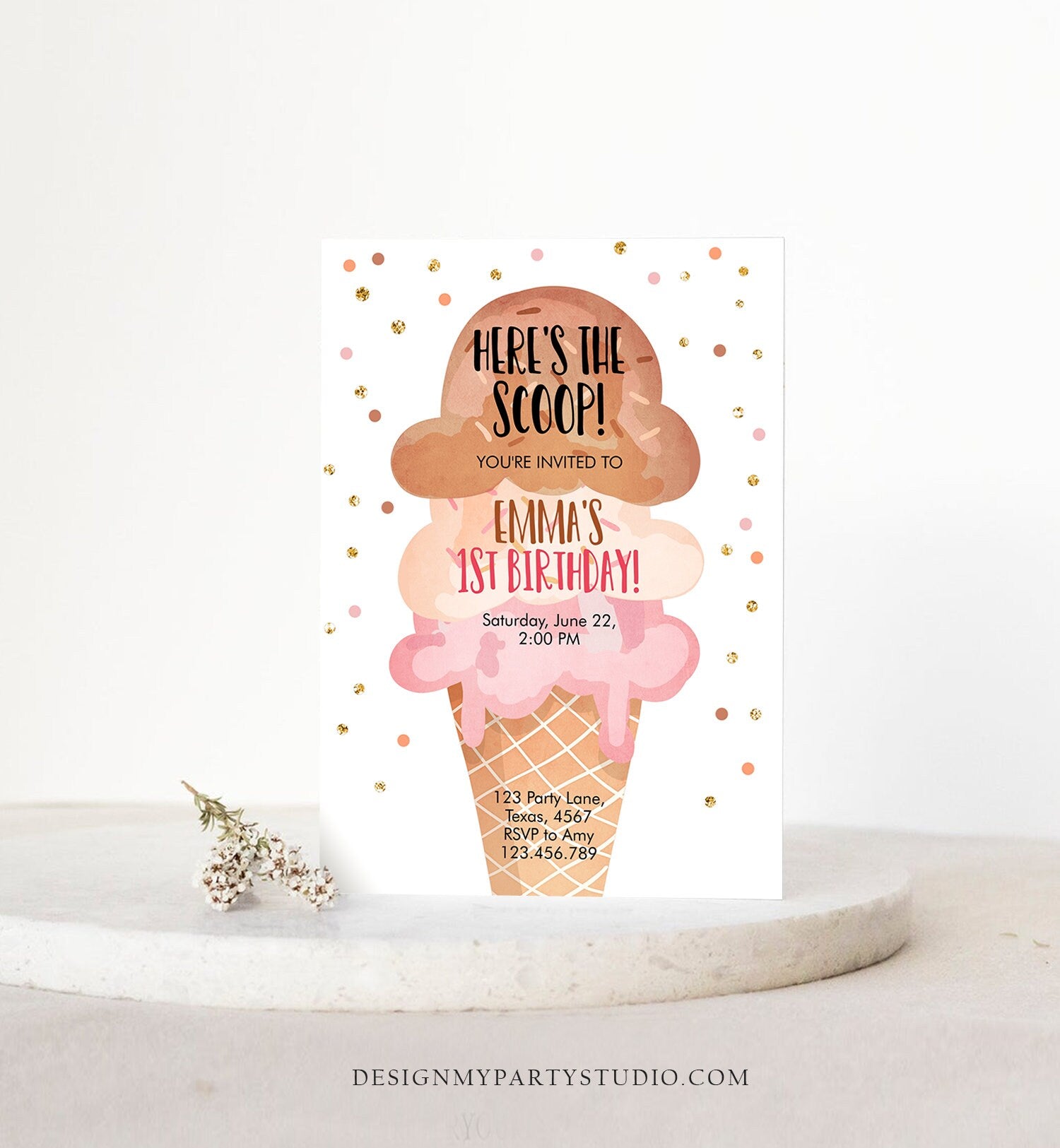 Editable Ice Cream Birthday Invitation First Birthday Party Here's the Scoop Cone Pink Boho Gold Coral Printable Template Corjl 0243