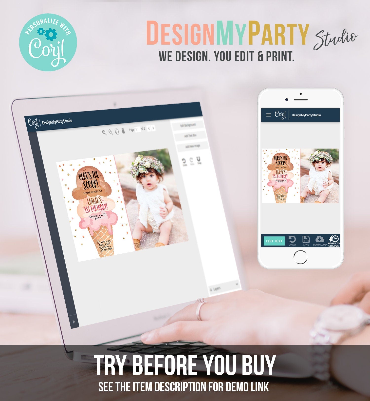 Editable Ice Cream Birthday Invitation First Birthday Party Here's the Scoop Cone Pink Boho Gold Coral Printable Template Corjl 0243