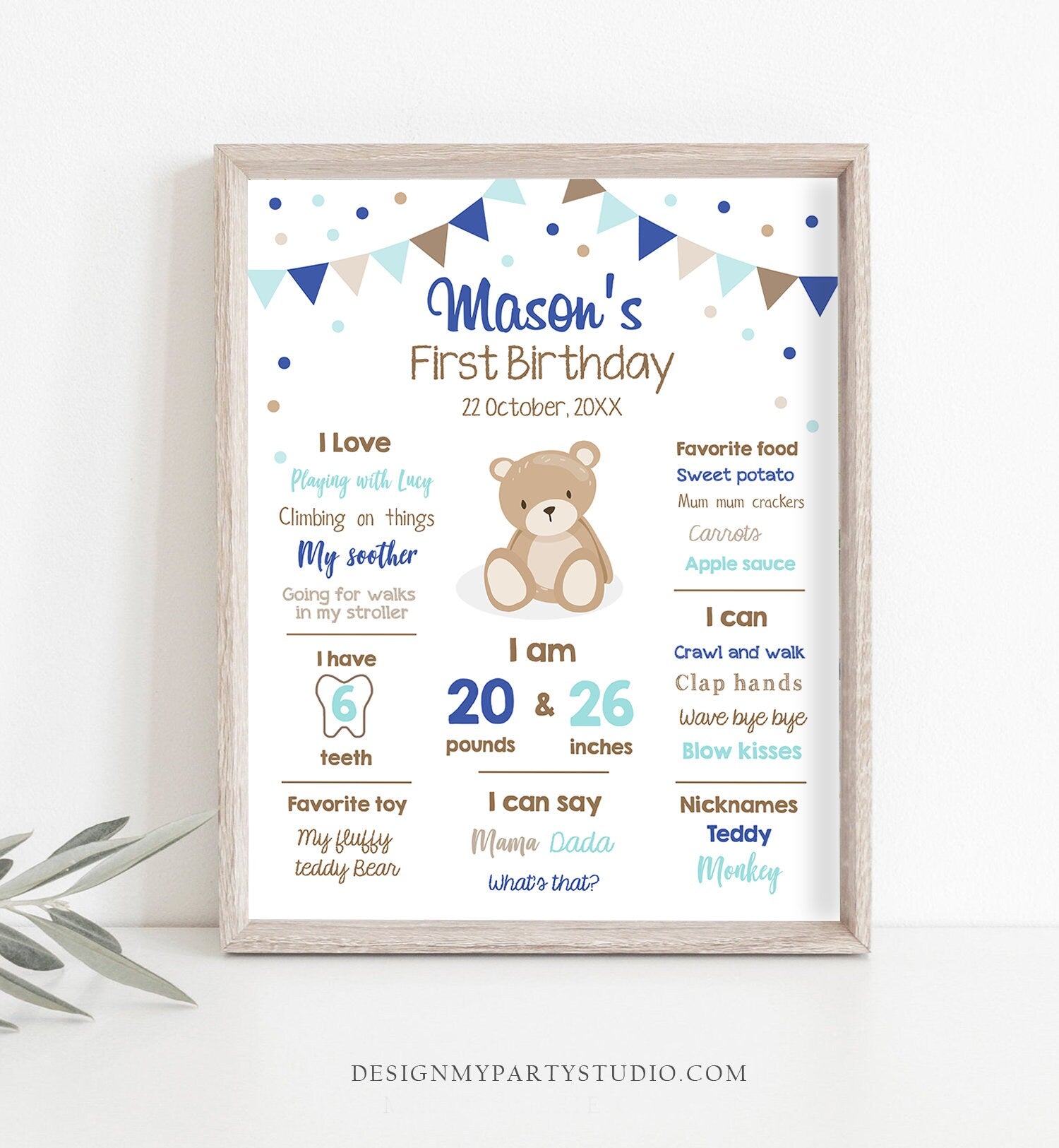 Editable Teddy Bear Birthday Milestones Sign Teddy Bear Picnic Birthday First Birthday Boy Little Cub Download Corjl Template Printable 0100