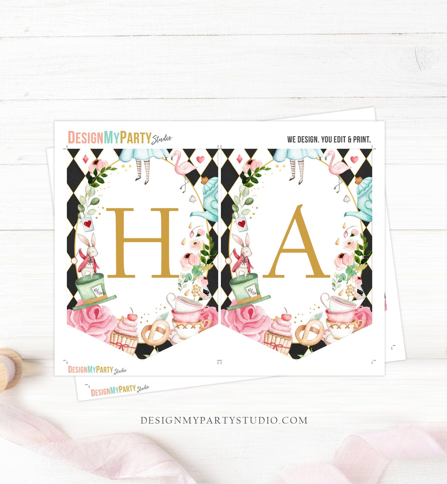 Alice in Onederland Happy Birthday Banner Alice in Wonderland Bunting Girl Pink Mad Hatter Tea Party Decor Garland PRINTABLE Digital 0350