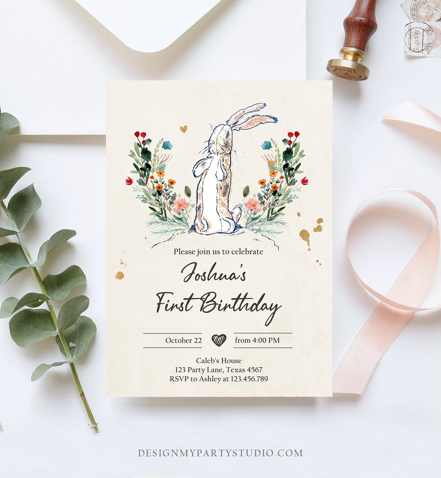 Editable The Velveteen Rabbit Birthday Invitation Rustic Rabbit 1st Birthday Vintage Invite Watercolor Digital Corjl Template Printable 0394