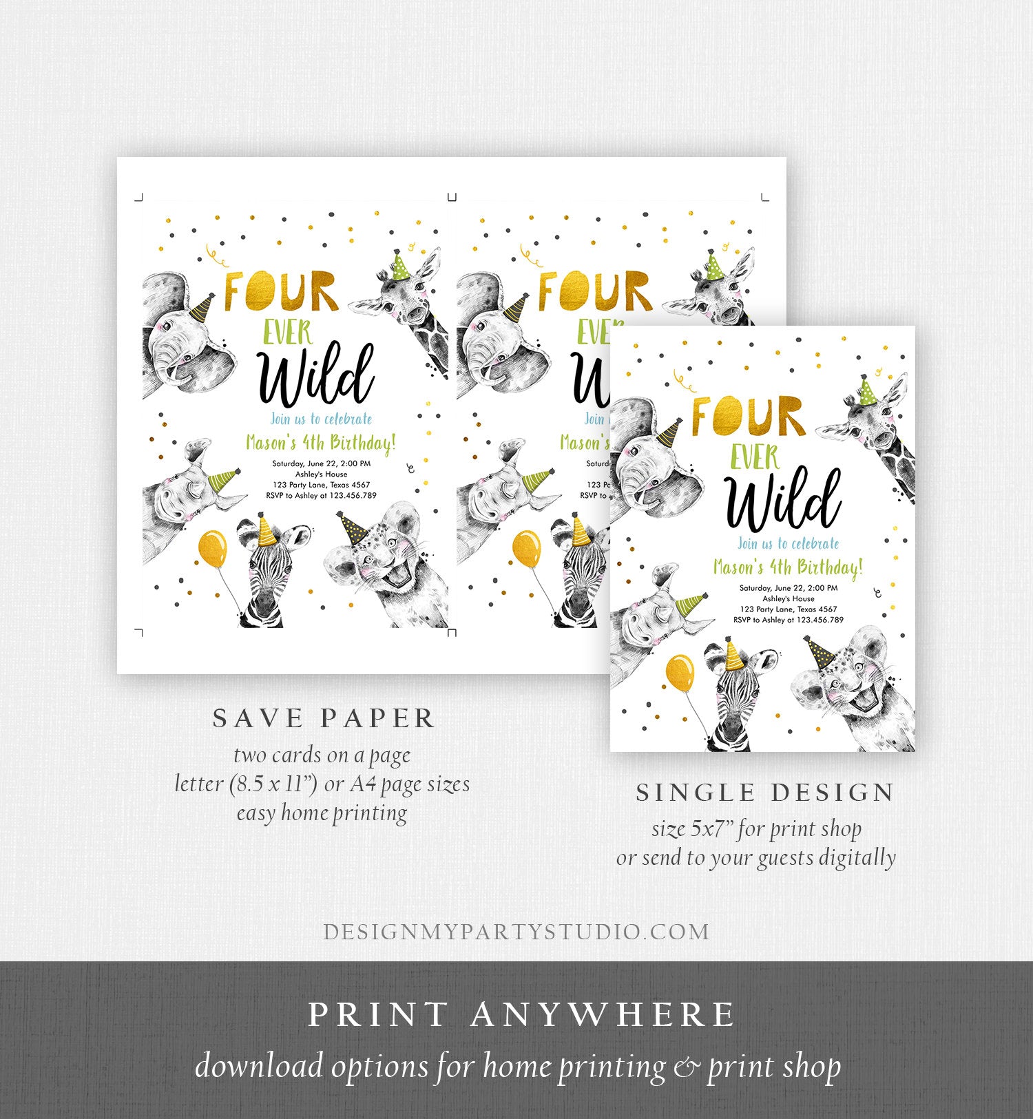 Editable Four Ever Wild Birthday Invitation Boy Green Gold Safari Party Animals Fourth Birthday 4th Printable Template Digital Corjl 0390