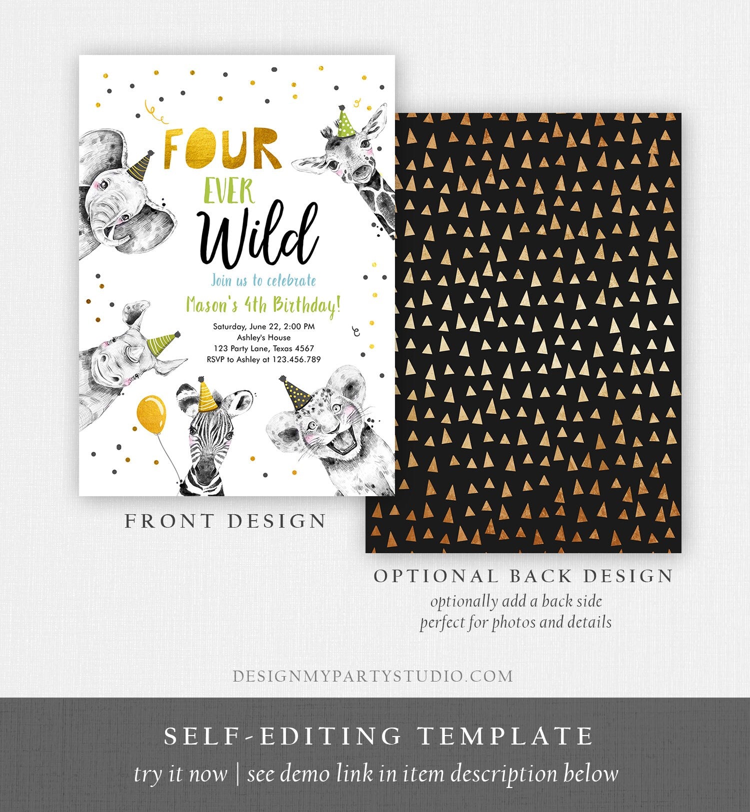 Editable Four Ever Wild Birthday Invitation Boy Green Gold Safari Party Animals Fourth Birthday 4th Printable Template Digital Corjl 0390