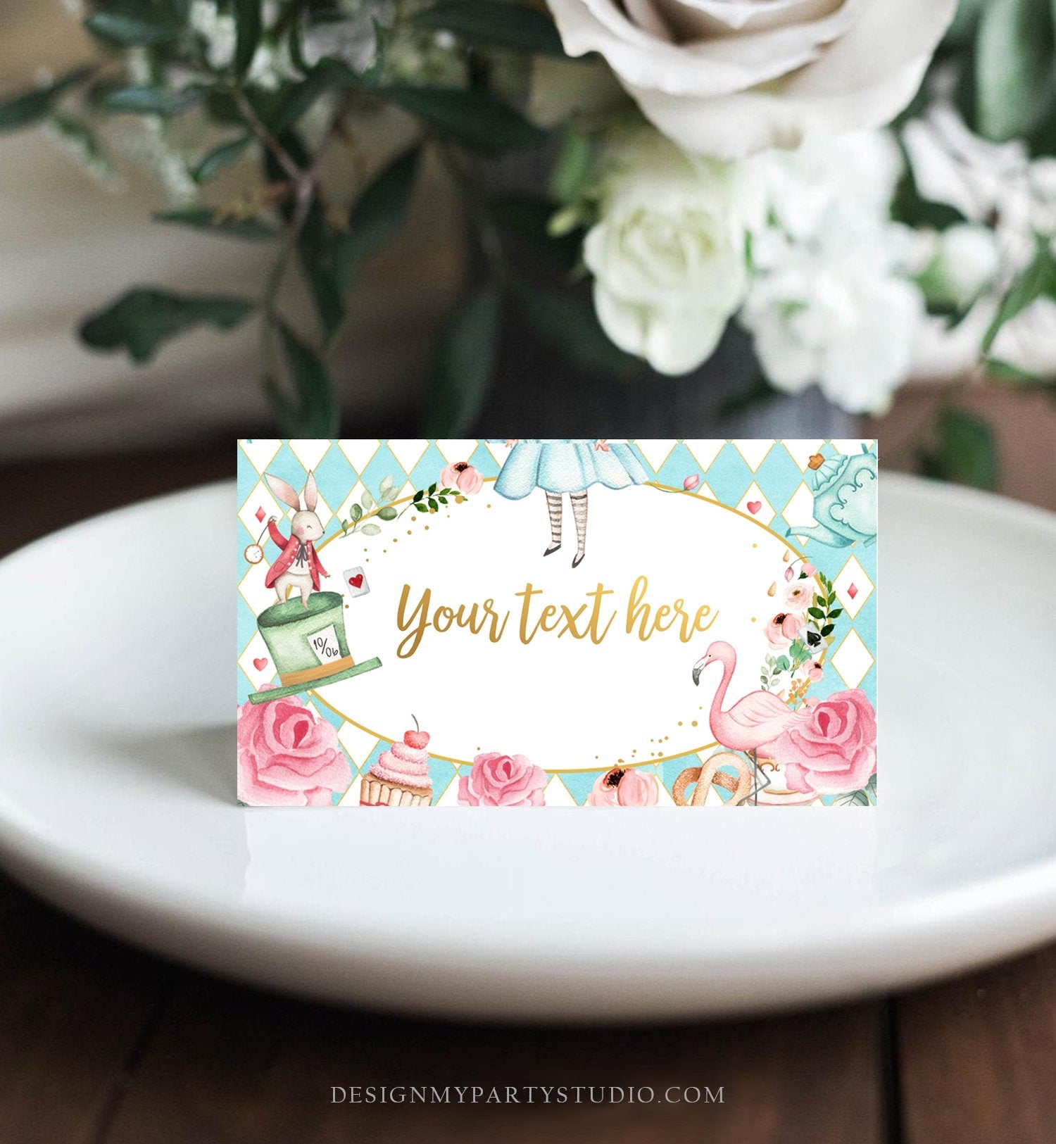 Editable Alice in Wonderland Food Labels Alice Place Card Tent Card Escort Card Girl Blue Tea Party Onederland Printable Corjl Template 0350