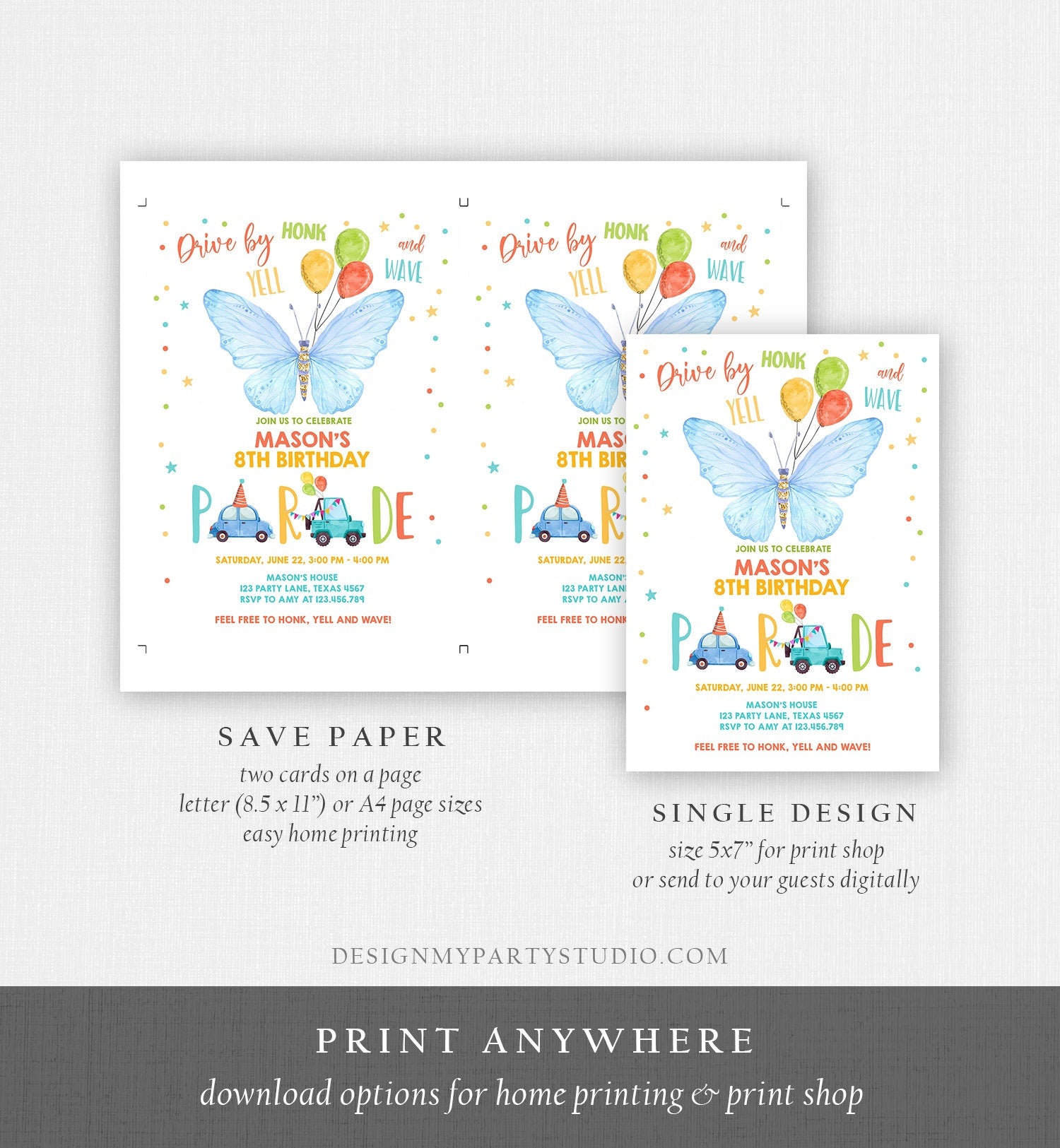 Editable Butterfly Drive By Birthday Parade Invitation Virtual Party Invite Honk Wave Car Boy Blue Quarantine Download Digital Corjl 0162