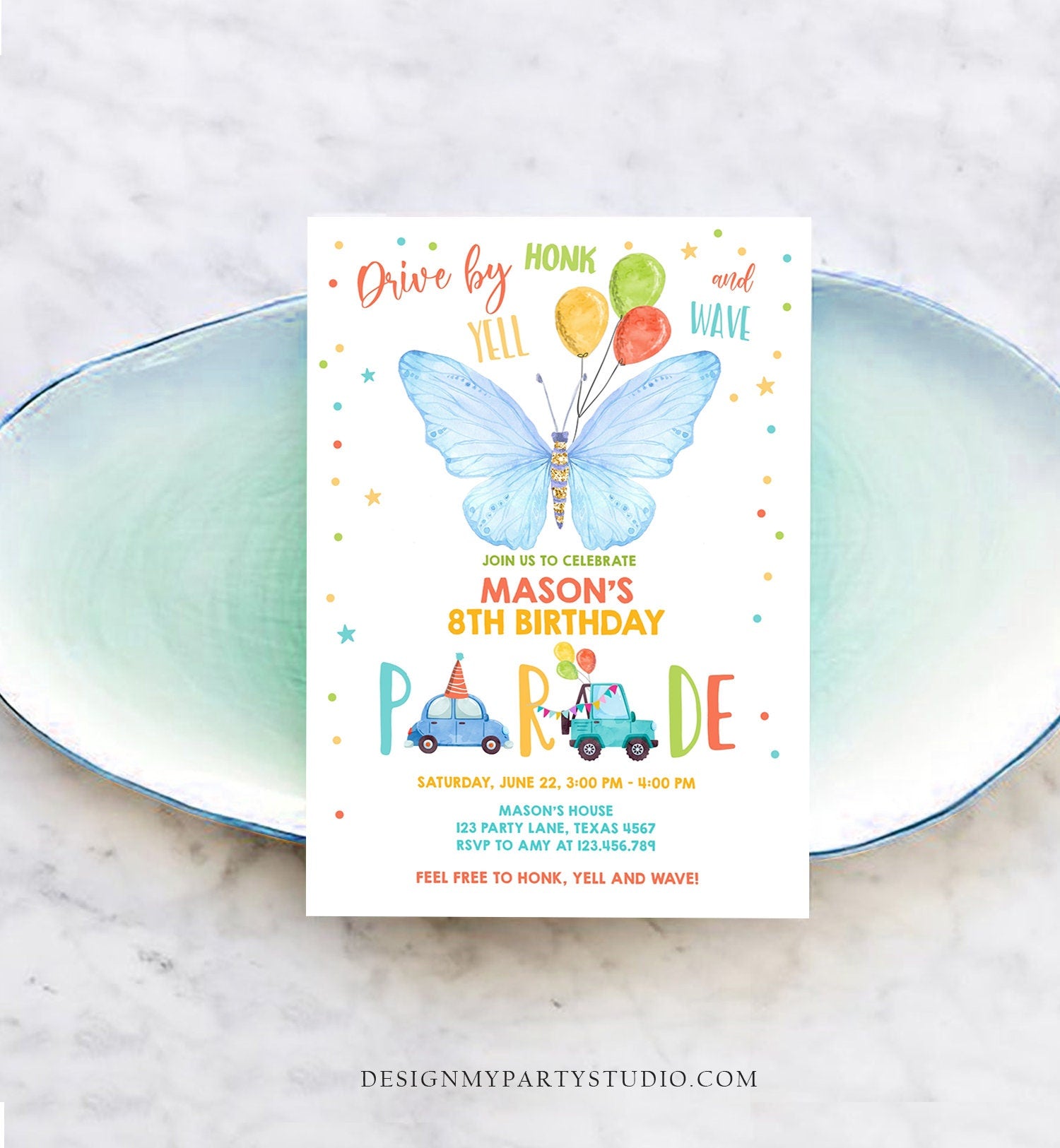 Editable Butterfly Drive By Birthday Parade Invitation Virtual Party Invite Honk Wave Car Boy Blue Quarantine Download Digital Corjl 0162