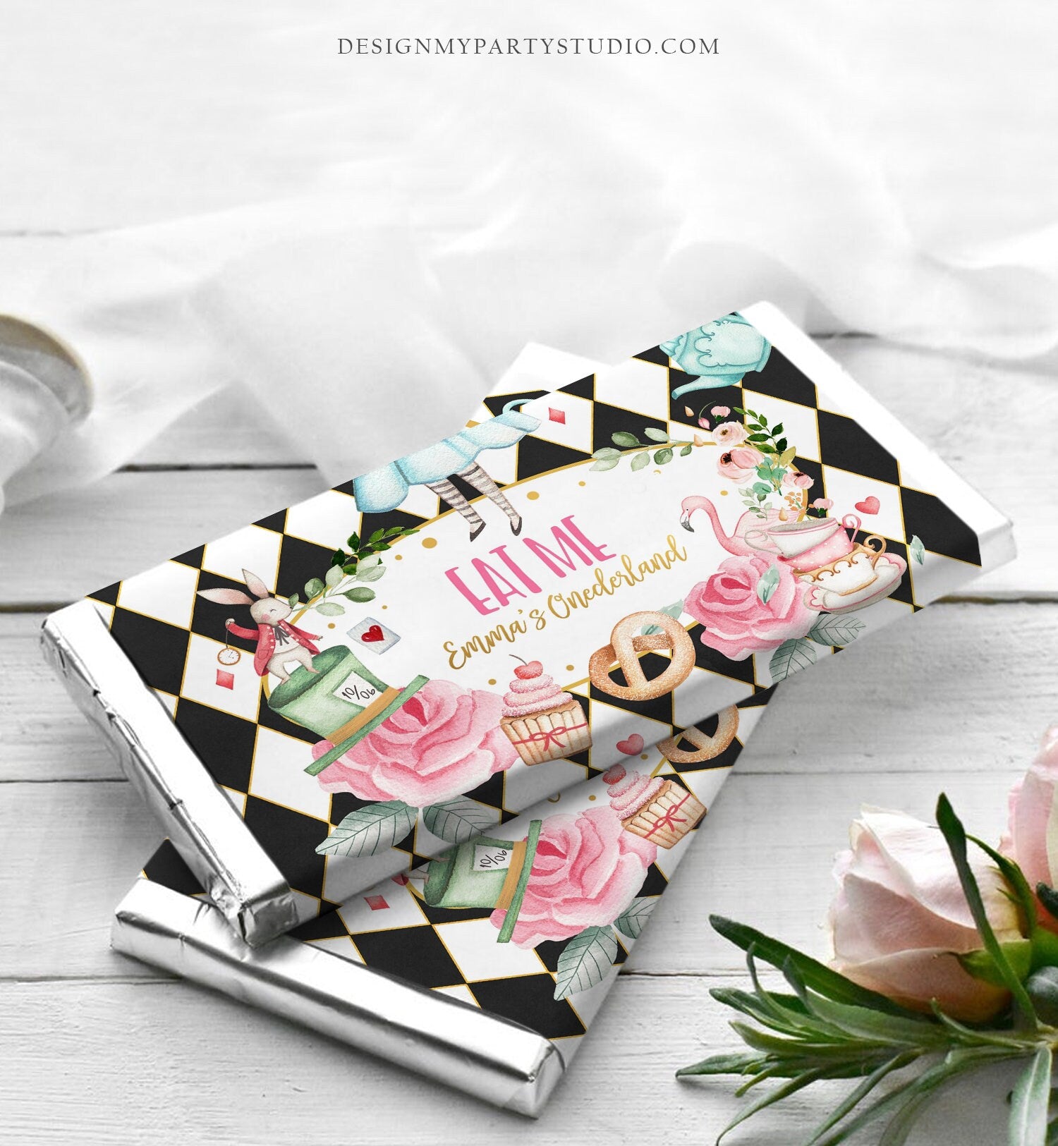 Editable Alice in Onederland Chocolate Bar Labels Candy Bar Wrapper Alice Wonderland Tea Party Floral Download Corjl Template Printable 0350