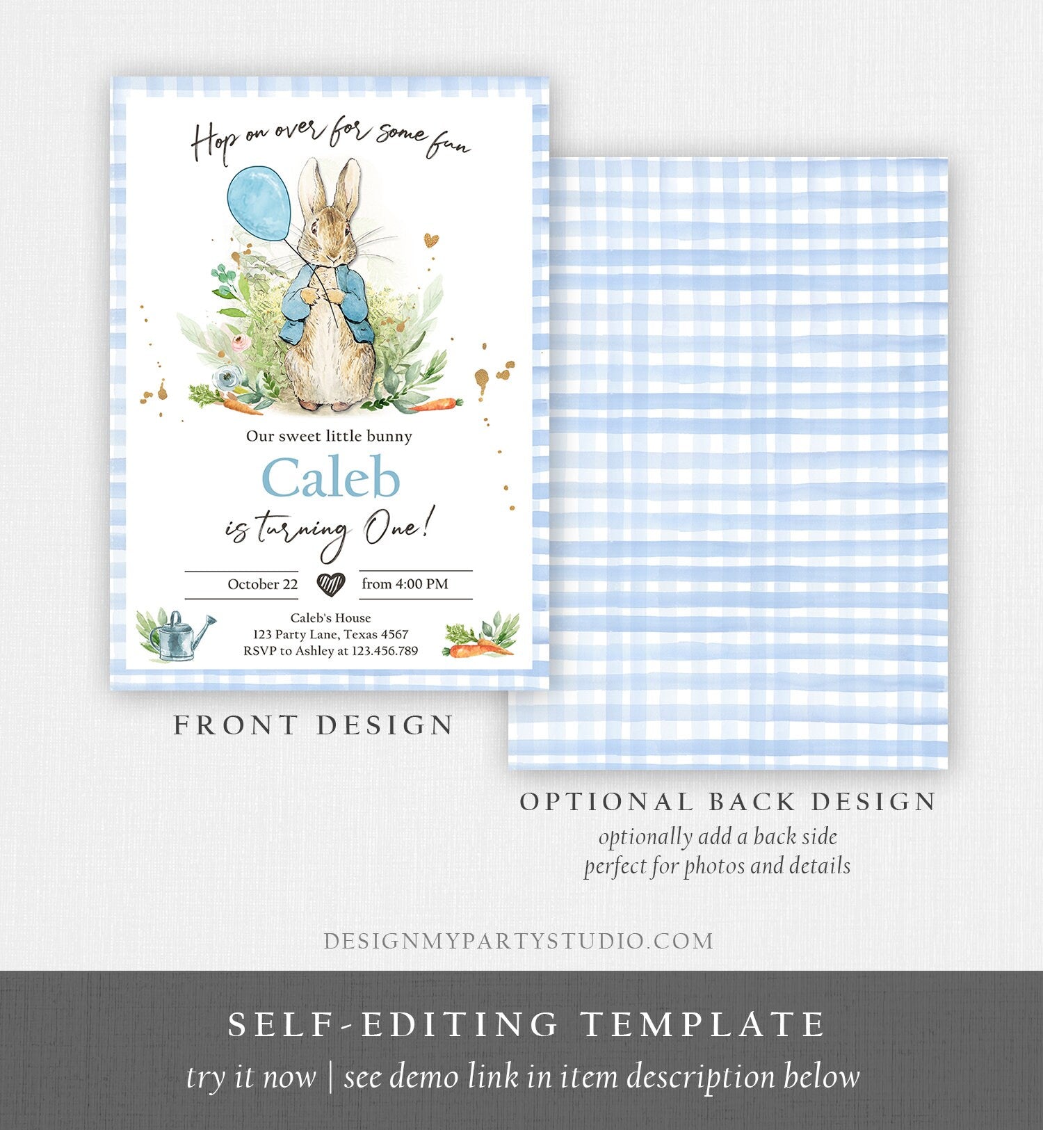 Editable Peter Rabbit Birthday Invitation Boy Blue Rustic Peter Rabbit First Birthday Hop On Over Watercolor Corjl Template Printable 0351