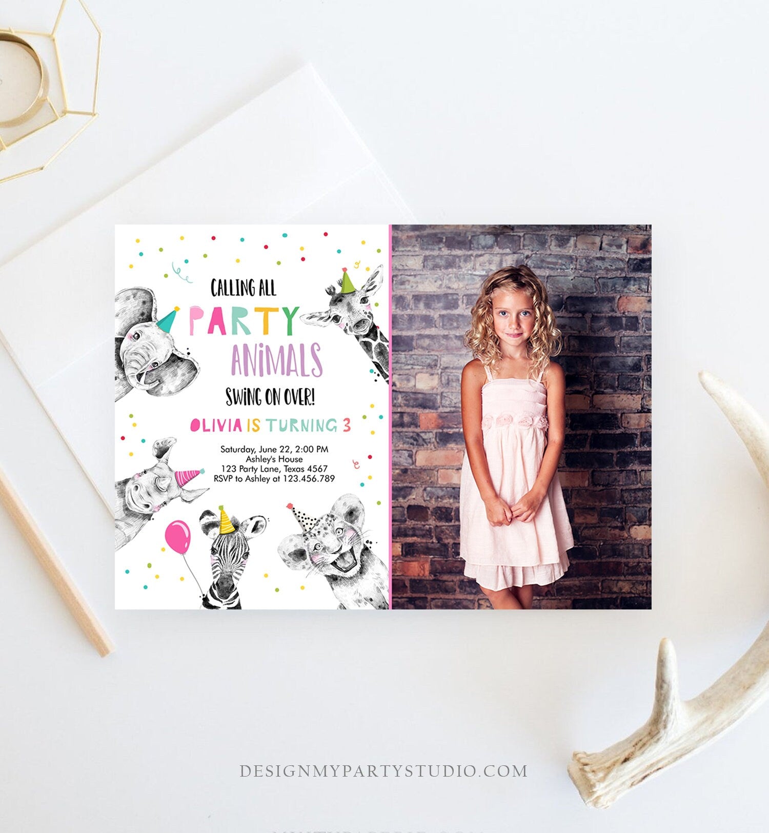 Editable Party Animals Birthday Invitation Wild One Animals Invitation Zoo Safari Animals Girl Download Printable Invite Template Corjl 0390