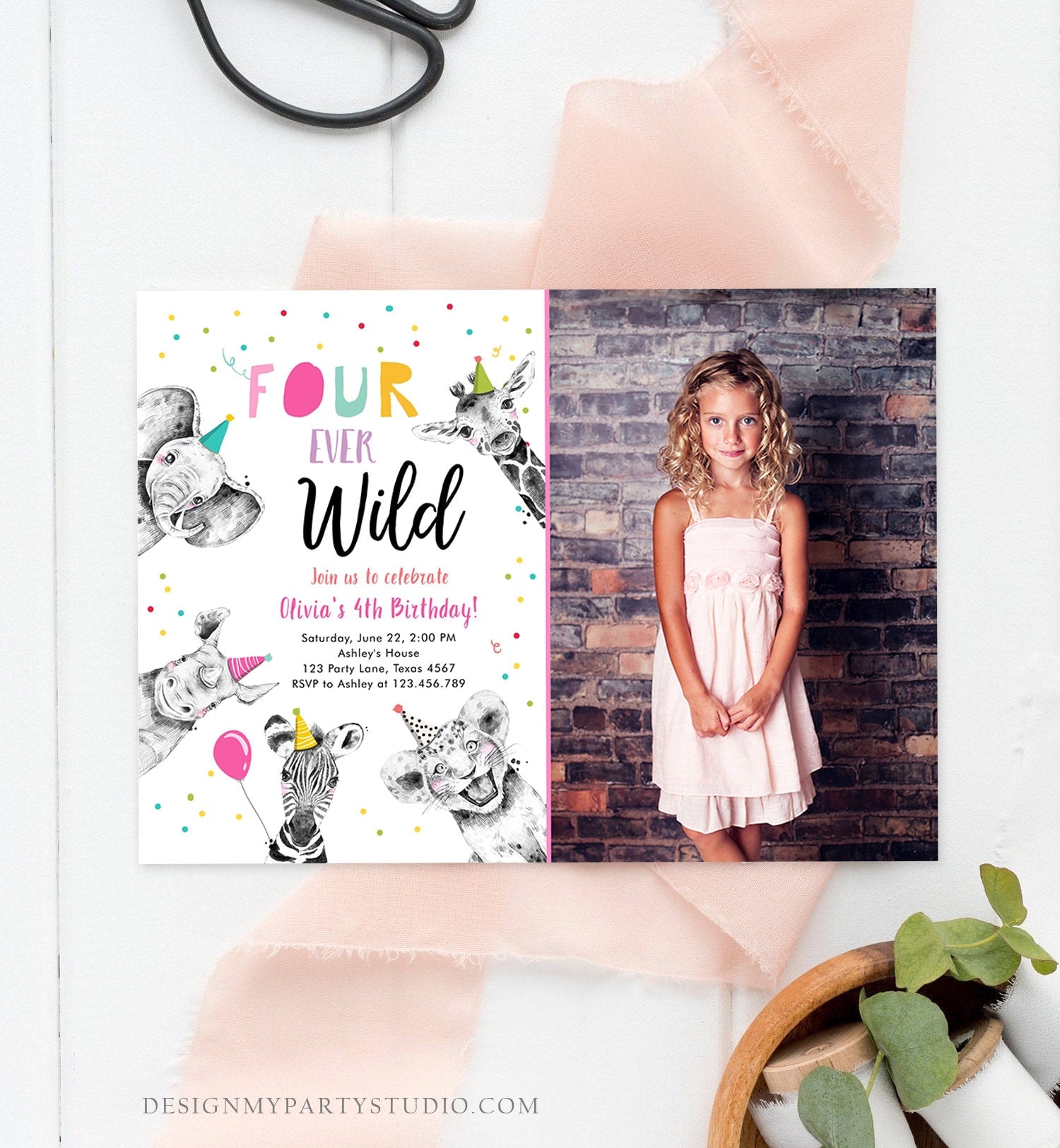 Editable Four Ever Wild Birthday Invitation Girl Pink Gold Safari Party Animals Fourth Birthday 4th Printable Template Digital Corjl 0390