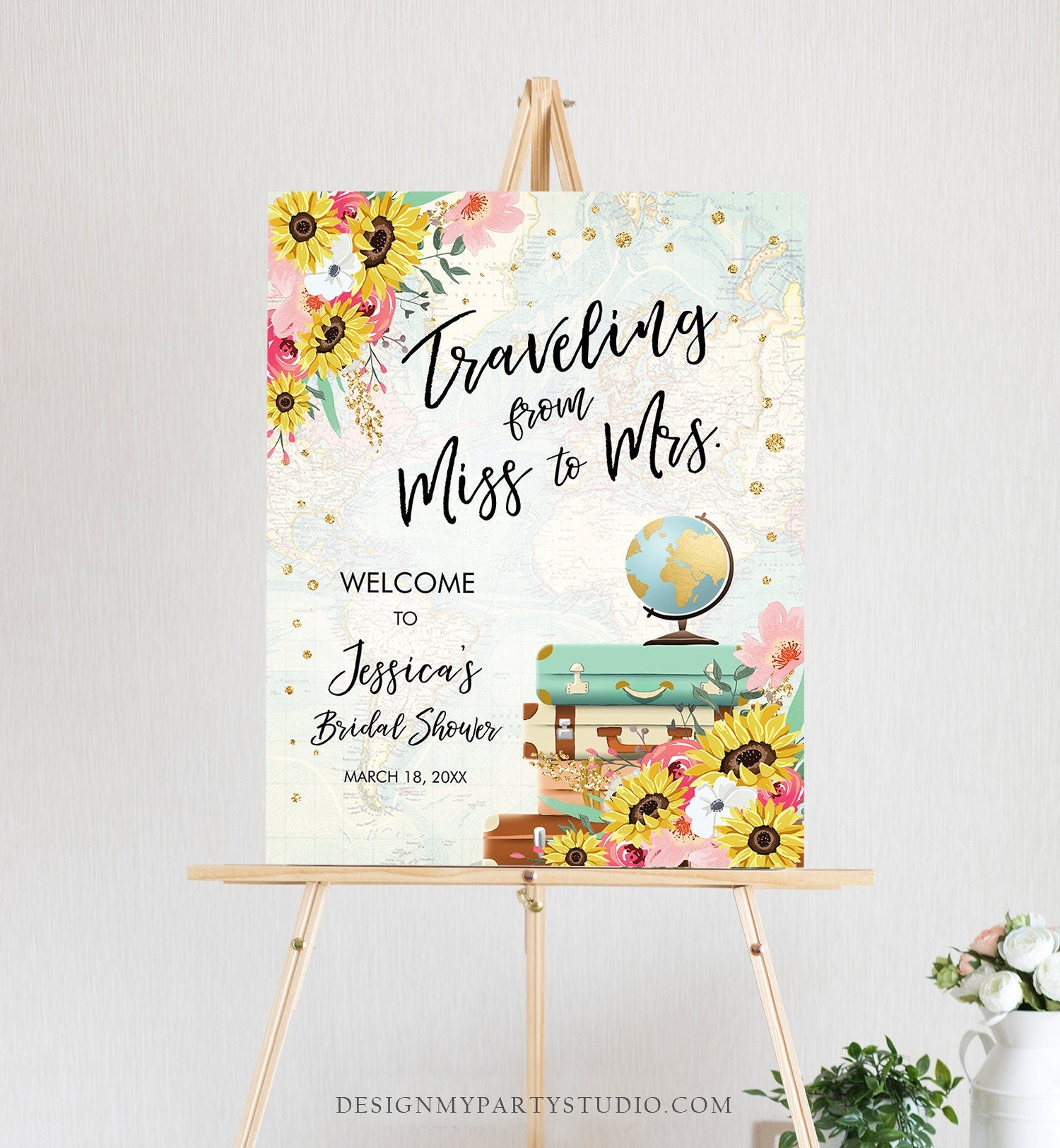 Editable Miss to Mrs Welcome Sign Sunflowers Bridal Shower Traveling From Adventure Love is a Journey Floral Blush Pink Corjl Template 0030
