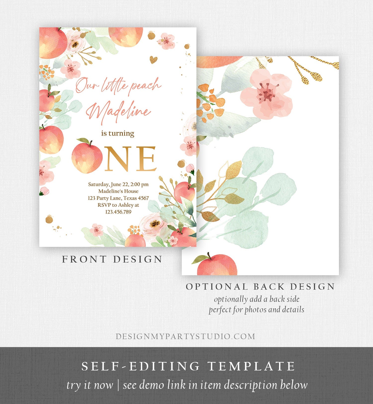 Editable Little Peach Birthday Invitation First Birthday Floral Gold Girl Peach 1st Peaches Download Printable Template Corjl Digital 0401