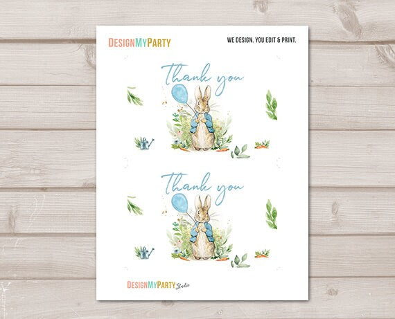 Peter Rabbit Thank you Card Peter Rabbit Thank You Note 4x6" Rustic Watercolor Bunny Birthday Blue Boy PRINTABLE Instant Download 0351