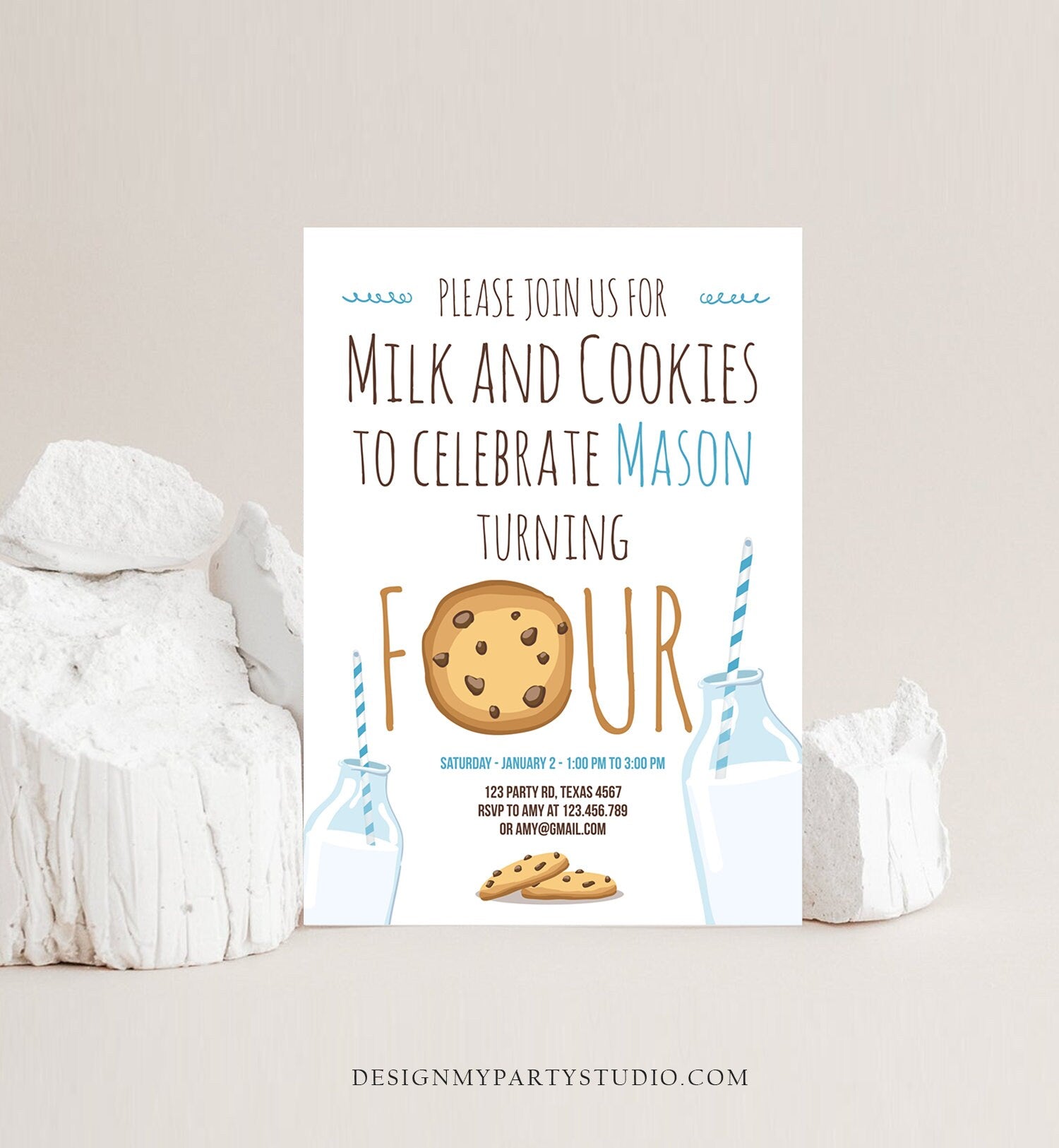 Editable Milk and Cookies Birthday Invitation Milk & Cookies Party Boy 1st 2nd 3rd 4th Birthday Blue Printable Download Template Corjl 0088