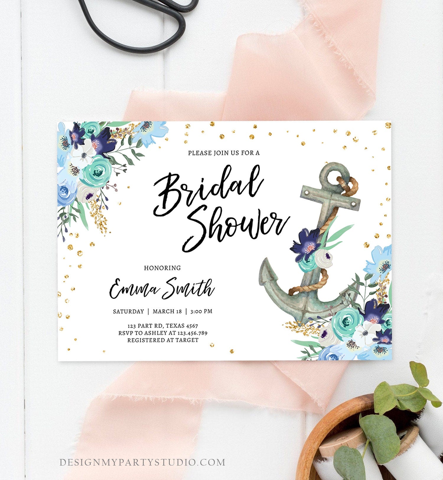 Editable Nautical Bridal Shower Invitation Flowers Floral Anchor Navy Pink Blue Gold Wedding Shower Download Printable Corjl Template 0397