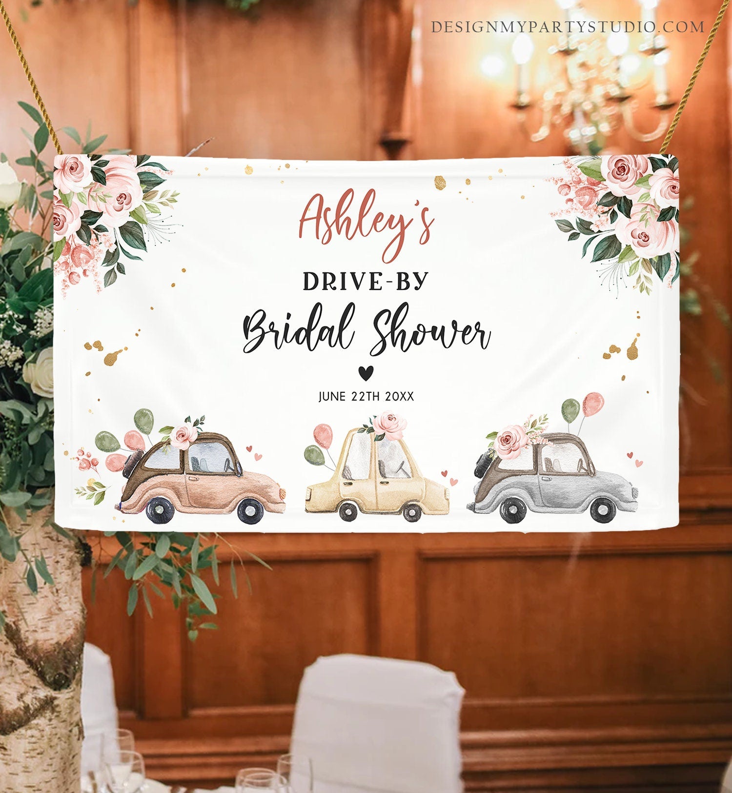 Editable Drive By Backdrop Banner Drive By Bridal Shower Welcome Neutral Gold Floral Couples Drive Through Yard Sign Corjl Template 0335