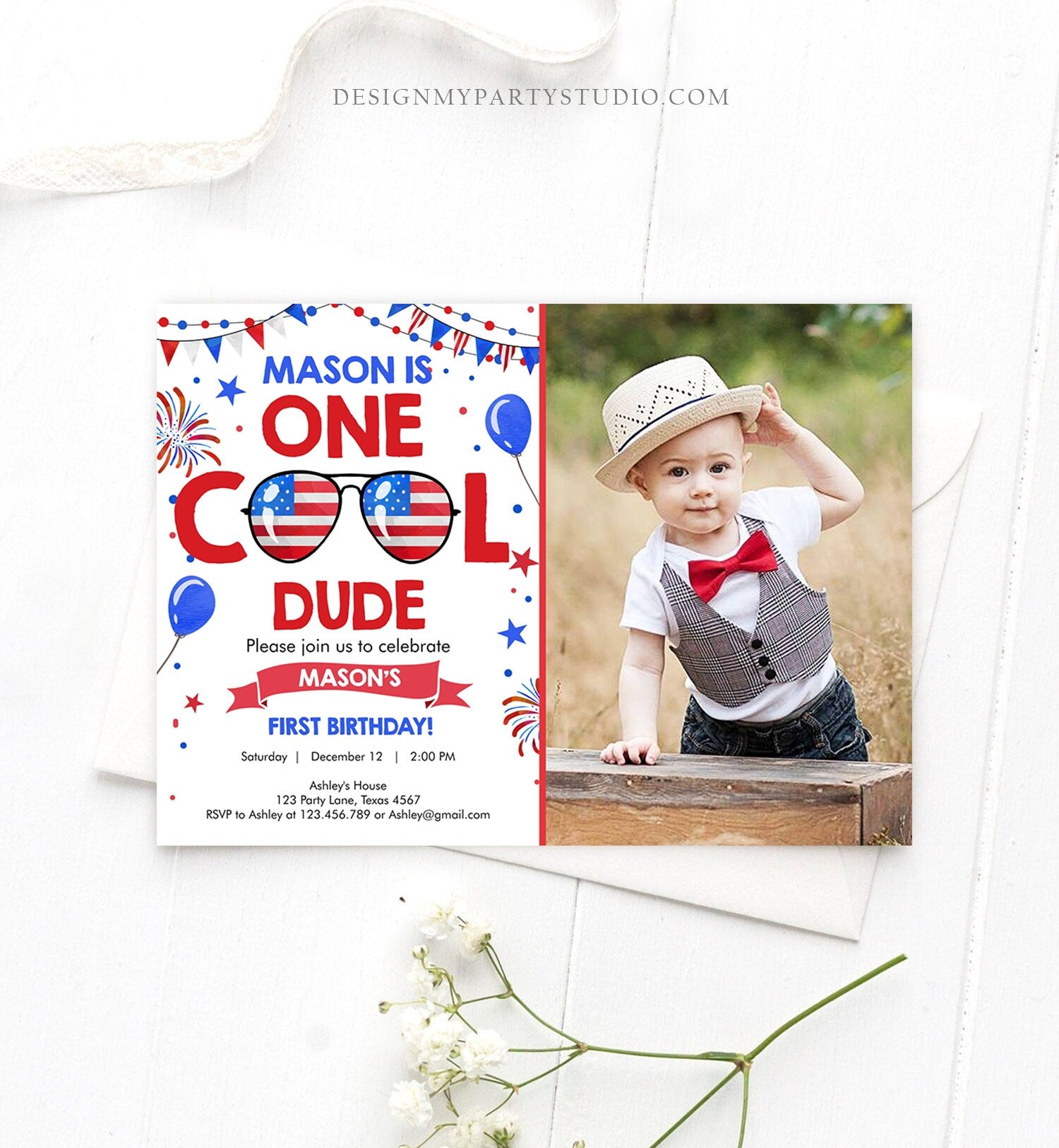 Editable Memorial Day Birthday Invitation 4th of July Little Firecracker Red White Blue One Cool Dude Sunglasses Template Corjl Digital 0122